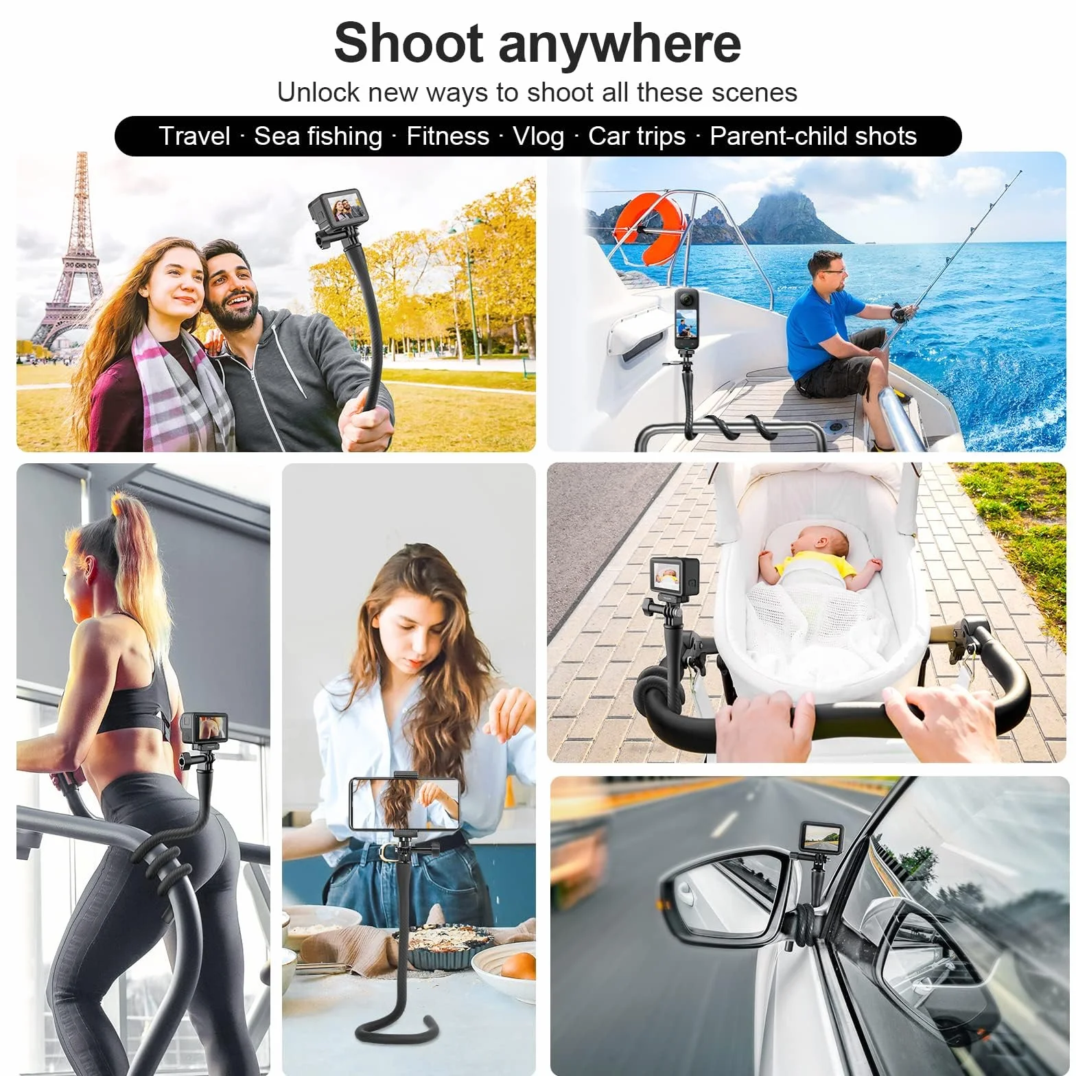 TELESIN Elastyczny uchwyt do selfie Monkey Tail Mount do GoPro Hero 13/12/11/10/9/8/7/6/5/Max, Insta 360 X4 X3, DJI OSMO Action 5 Pro 4 3, Monopod