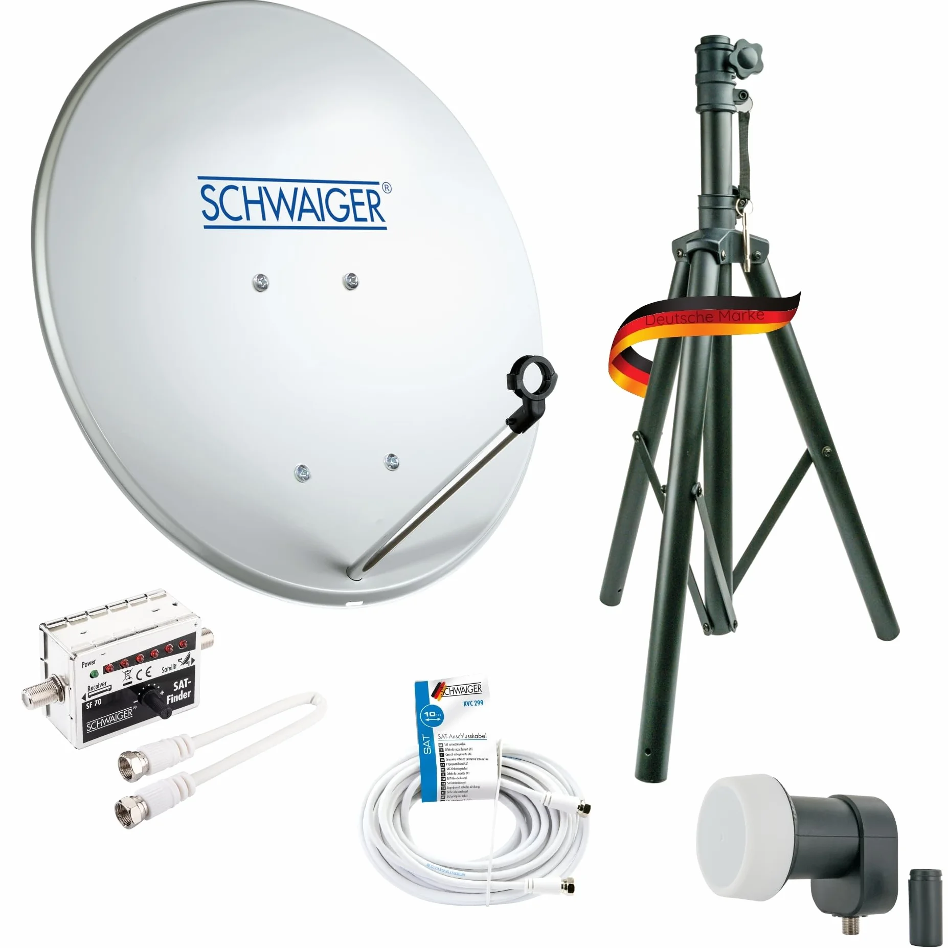 SCHWAIGER zestaw cyfrowa antena satelitarny, pojedynczy LNB, 10 m kabel, trójnożny statyw, antena stal 40 cm