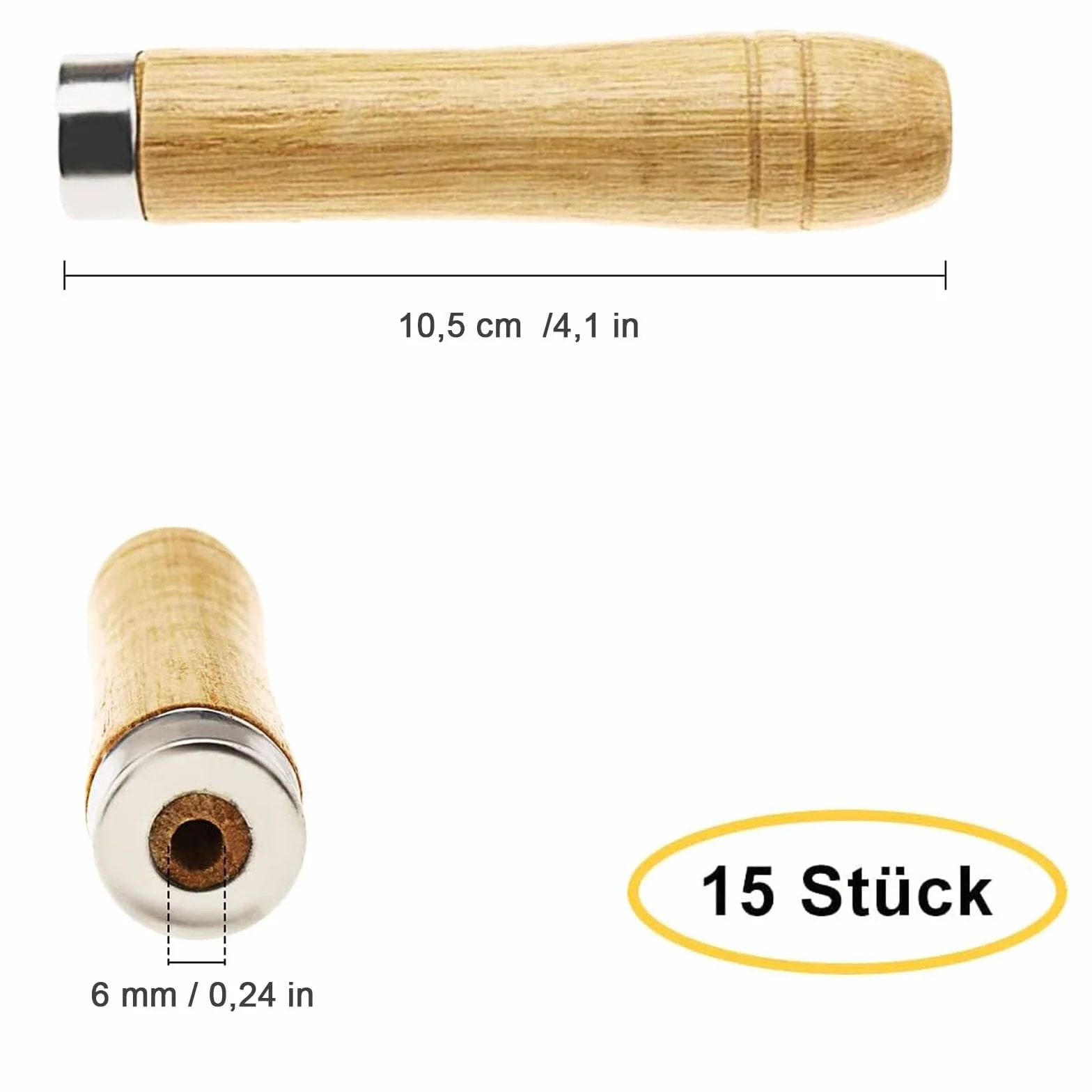 Drewniany uchwyt do pilnika, uchwyt pilnika z mocnym metalowym kołnierzem, do obróbki drewna, stolarzy, do konserwacji narzędzi, otwór 6 mm, długość 105 mm, 15 sztuk
