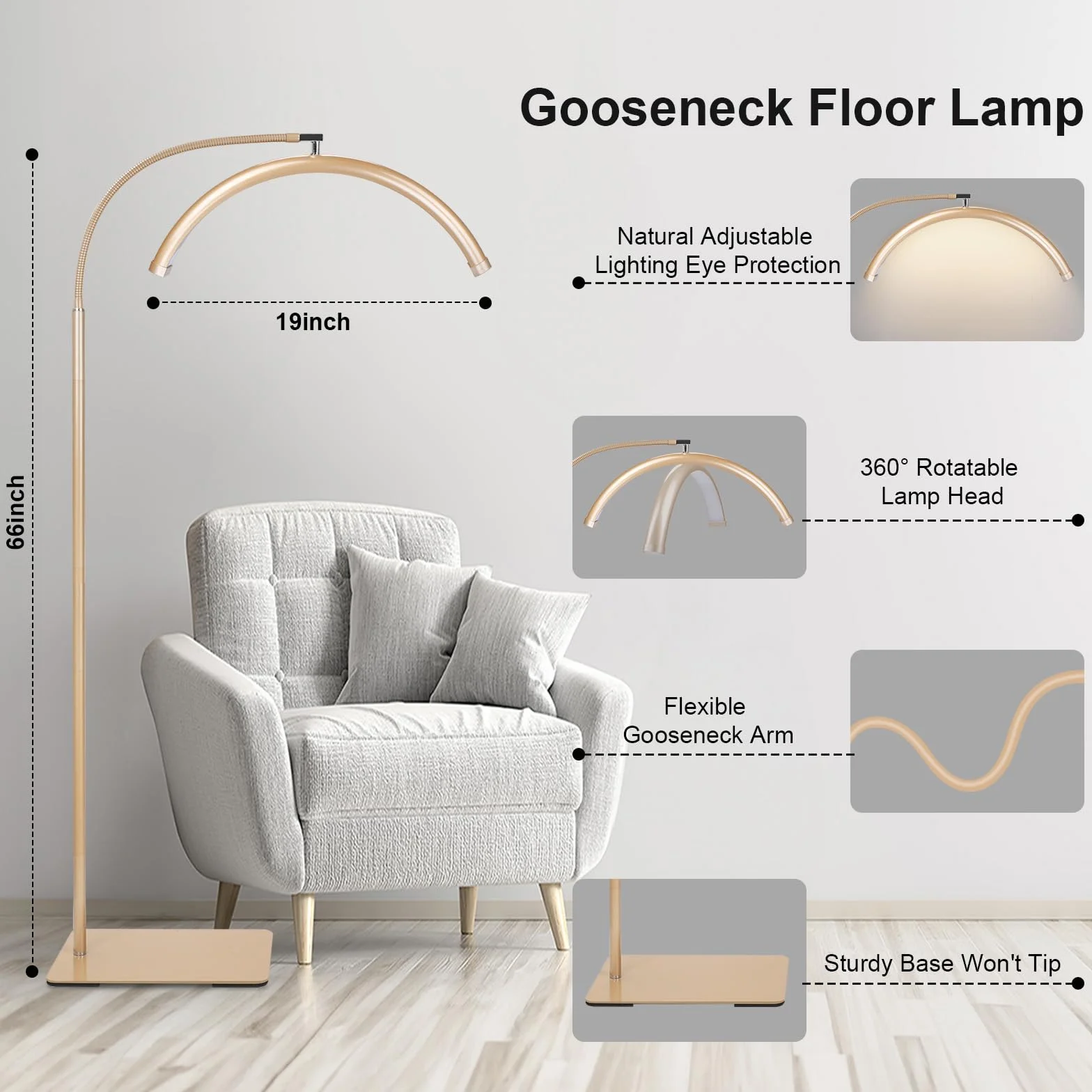 Lampa podłogowa LED Half Moon – profesjonalna lampa bez cieni dla techników rzęs, estetyków i tatuażystów, możliwość ściemniania, do przedłużania rzęs, zdobienia paznokci, domu i biura (złota)
