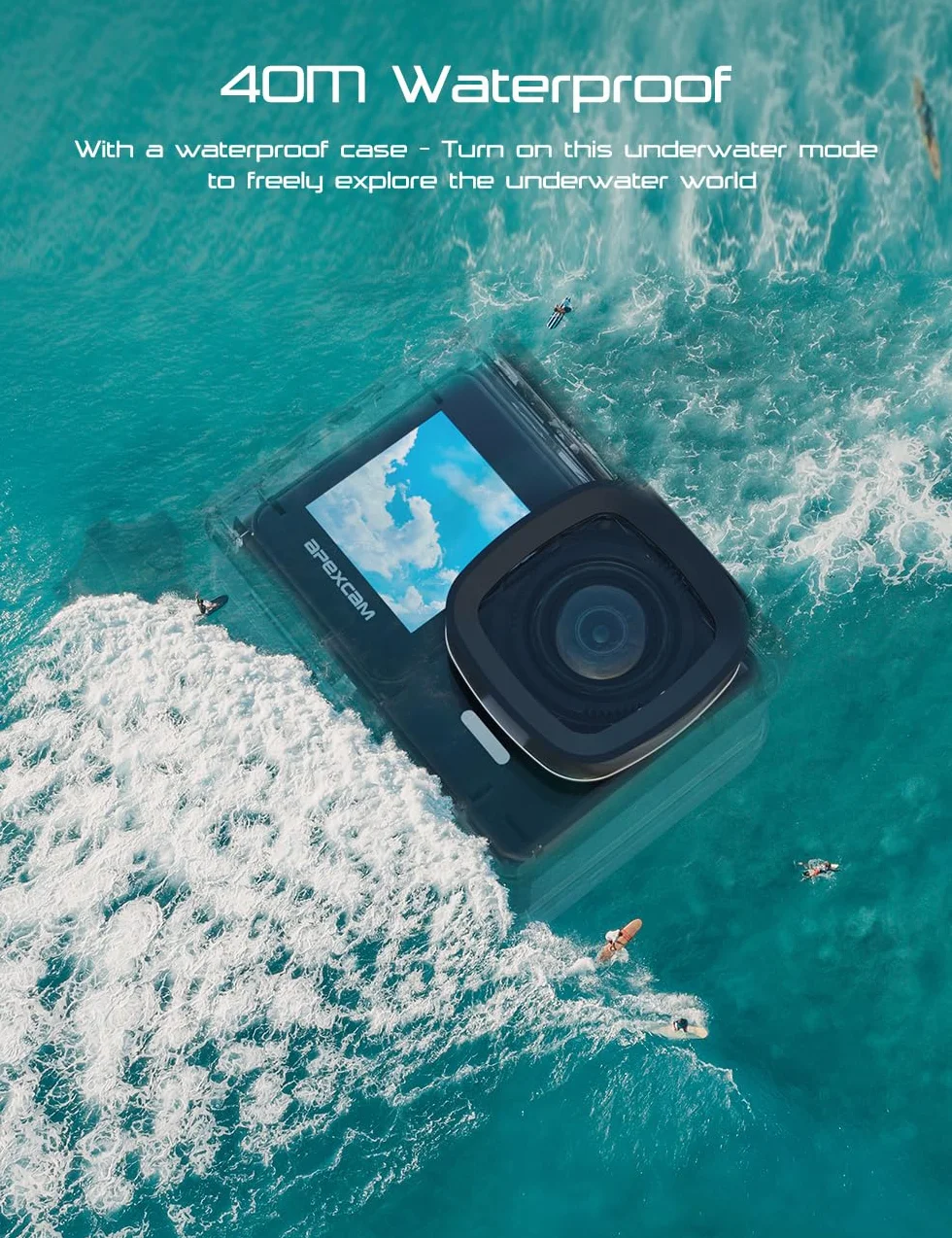 Apexcam Action Cam 4K 30FPS 20MP Dual Screen Wodoodporna 40m WiFi 170° Wide Angle z 2x baterie 1350mAh
