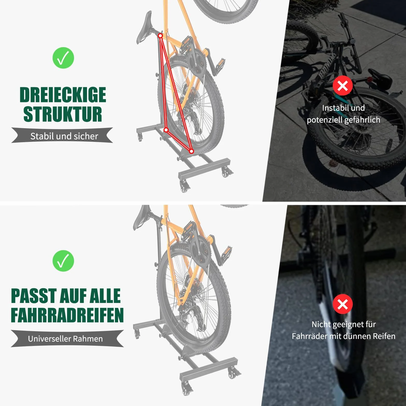 Pionowy stojak rowerowy z zamykanymi kółkami, regulowana wysokość, szerokość opony do 10 cm