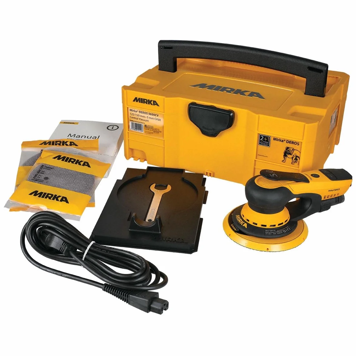 Mirka DEROS 5650CV / Szlifierka mimośrodowa z odkurzaczem centralnym, 2 tarczami szlifierskimi i rzepem w walizce/do papieru ściernego Ø 125mm i Ø 150mm / suw 5,0mm / MID5650202CA