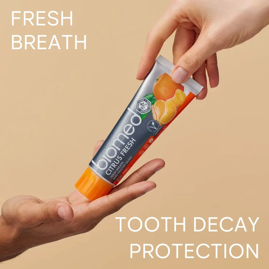 Biomed Citrus Fresh 97% Naturalna pasta do zębów/pomarańczowy, świeży oddech | zdrowe dziąsła/mandarynka grejpfrut cytryna olejki eteryczne, aromat owocowy, Wegetariański, SLES Free 100g