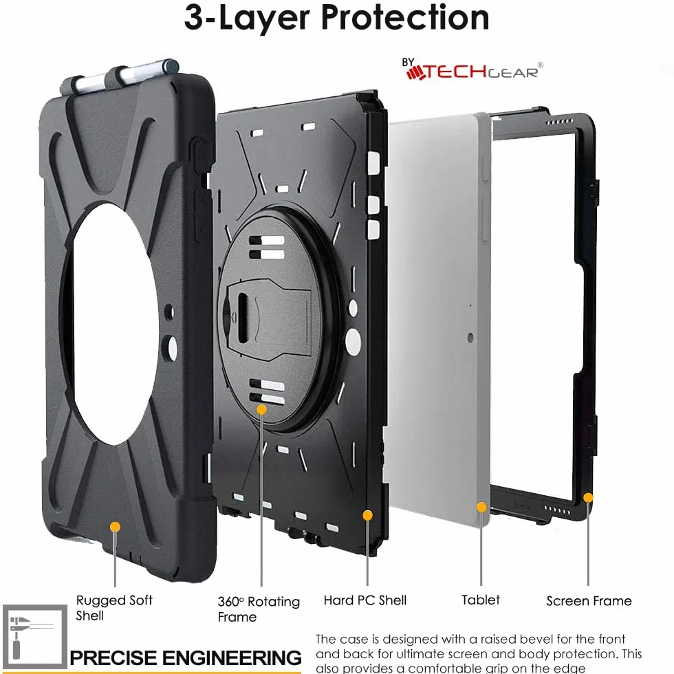 TECHGEAR X-Case pasuje do Microsoft Surface Go 4 / Surface Go 3/2 / 1 26.7 cm, wytrzymałe, wytrzymałe etui odporne na wstrząsy, stojak obrotowy 360, pasek na rękę i pasek na ramię - czarne