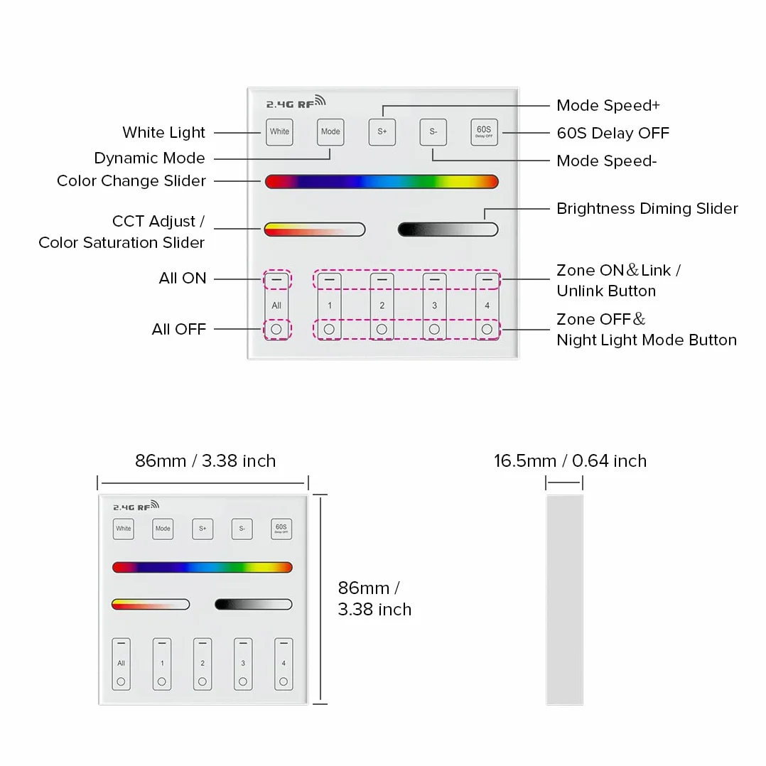 BTF-LIGHTING WR01RF Wireless 2.4G RF 4 Strefa RGB RGBW RGBCCT Inteligentny panel montowany na ścianie Zdalne sterowanie zasilane przez 2 baterie AAA 3V Współpracuje z WB5 LM052 LM053 C03RF C04RF C05RF