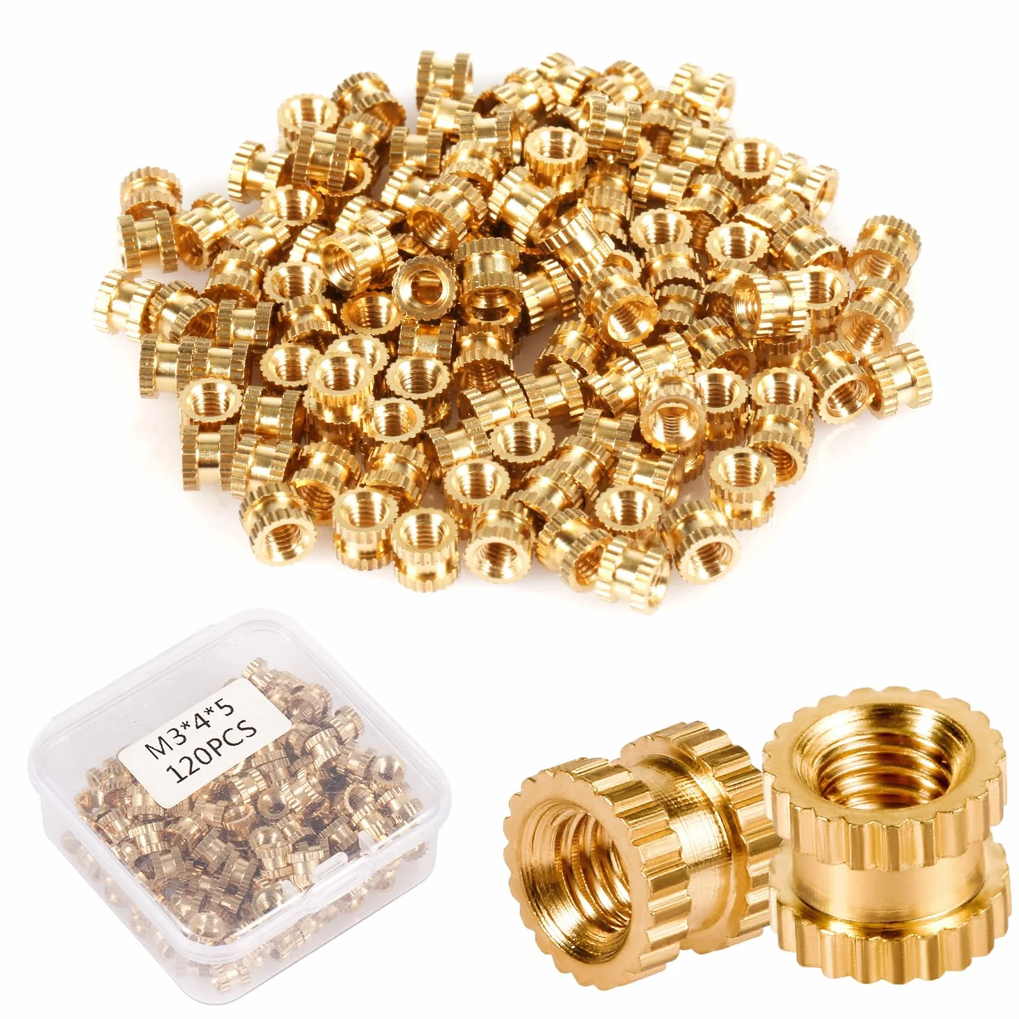 120szt Wkladka Gwintowana do Druku 3D, M3x4x5mm M3 Radelkowane Nakretki Mosiezne Gwint Wewnetrzny Nakretka do Osadzania na Goraco do Czesci Drukarki 3D Plastikowa Obudowa