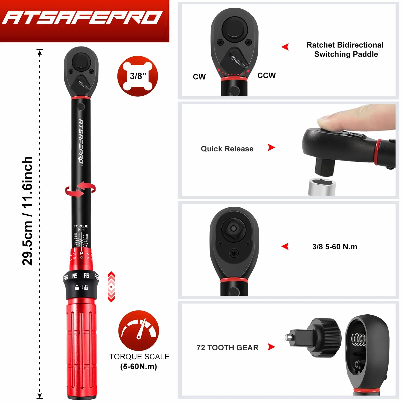 ATsafepro Klucz Dynamometryczny 3/8 Cala 5-60 Nm z Adapterami 3/8"-1/4" i 1/2", Przedłużka 6" – Dokładność ±3%, Obrotowa Grzechotka do Samochodów, Rowerów, Motocykli i DIY