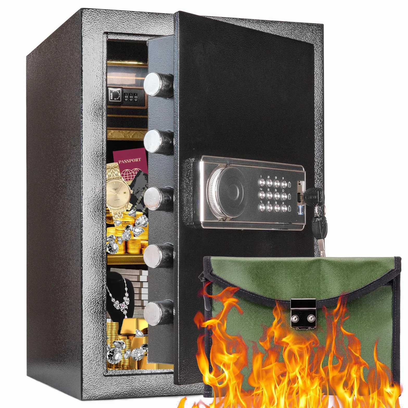 Domowy sejf 70 l, Fireproof Waterproof Security Safe with Digital Keypad and Built in Lock Box, Fireproof Bag with Lock, Fireproof Safe for Home Firearm Medicine Improtant Papers Valuables