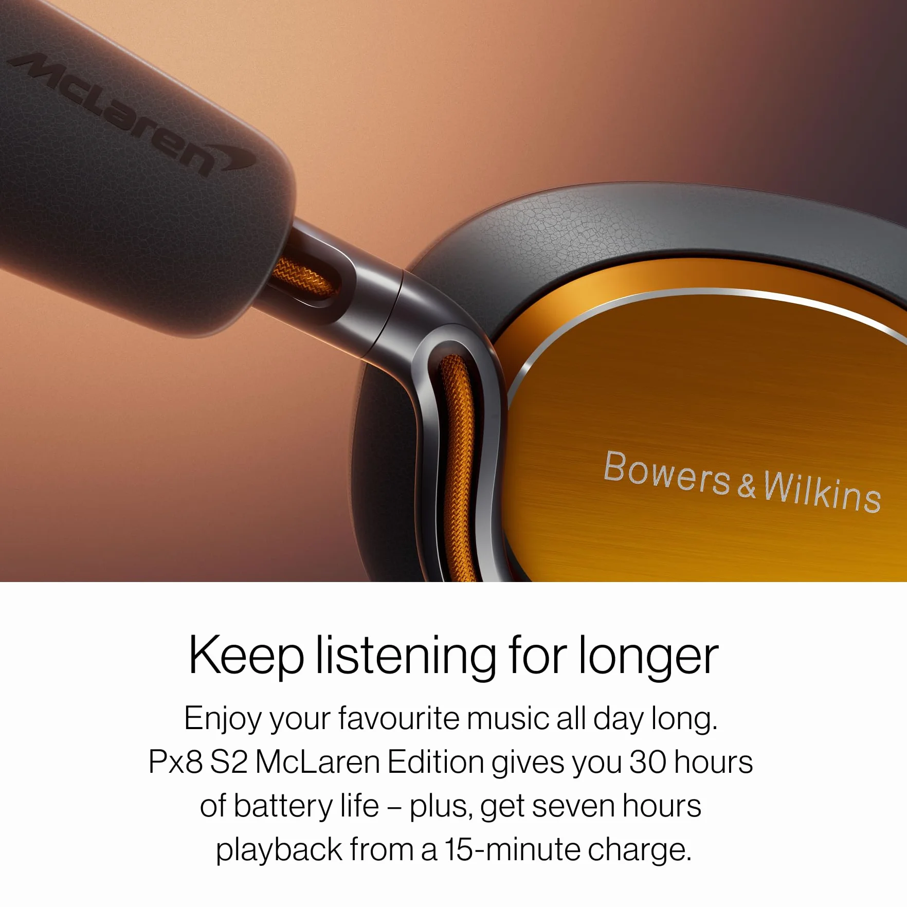 Bowers & Wilkins Px8 S2 McLaren Edition bezprzewodowe słuchawki z redukcją szumów, Bluetooth, szybkie ładowanie, 30h odtwarzania