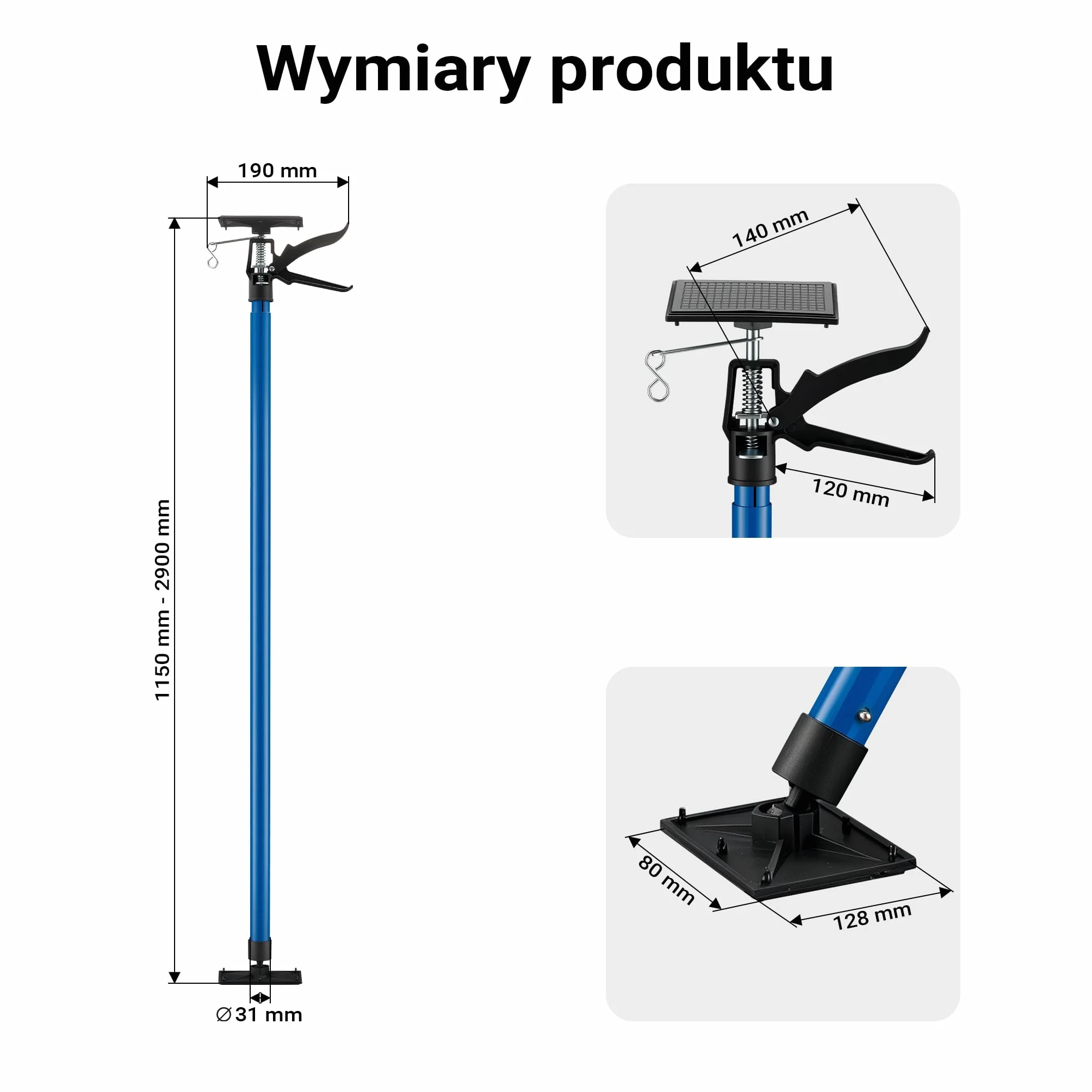Wiltec Rozpierak do futryn do 30 kg nośności, ze stali lakierowanej, podpora teleskopowa 115-290 cm do płyt kartonowo gipsowych, kąt nachylenia 45°
