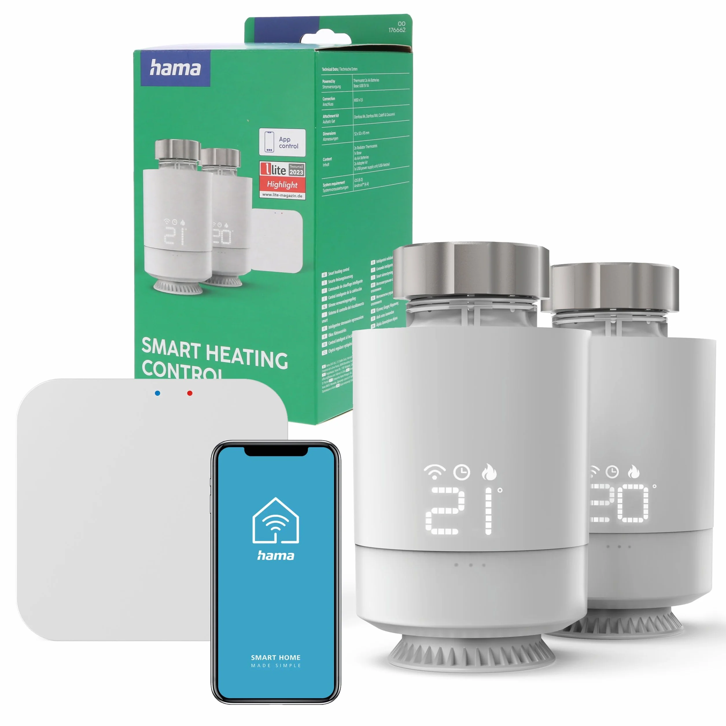 Hama Zestaw 2x Głowica Termostatyczna WIFI SMART + Przekaźnik Mostek Bramka, Sterowanie Ogrzewaniem, Zdalna Kontrola, Głosowe Sterowanie, Oszczędność Energetyczna