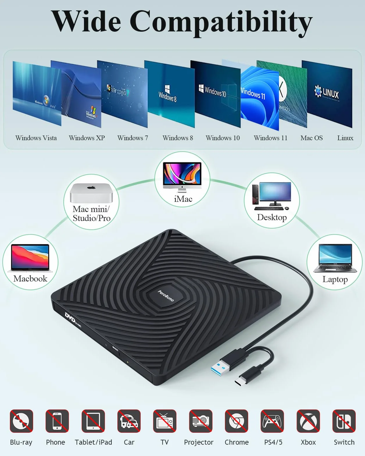 PeroBuno Zewnętrzny Napęd CD DVD, Napęd Optyczny USB 3.0 Typu C, 0,5-calowy Ultra-Slim Przenośny Odtwarzacz Płyt CD ROM Do Laptopów PC Windows 11/10/8/7 Linux Mac OS