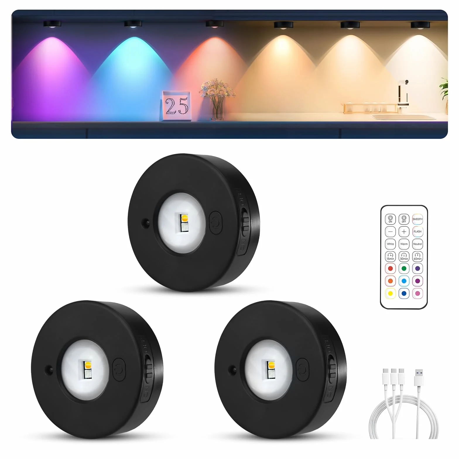 MERTTURM Unterbauleuchte LED z Funkcją Zmiany Koloru, 3 Temperatury Barwowe & RGB LED Spoty, Regulacja Jasności, Ładowanie USB, Akumulator, Magnetyczna Instalacja, Oświetlenie do Szafek i Witryn, 3pcs