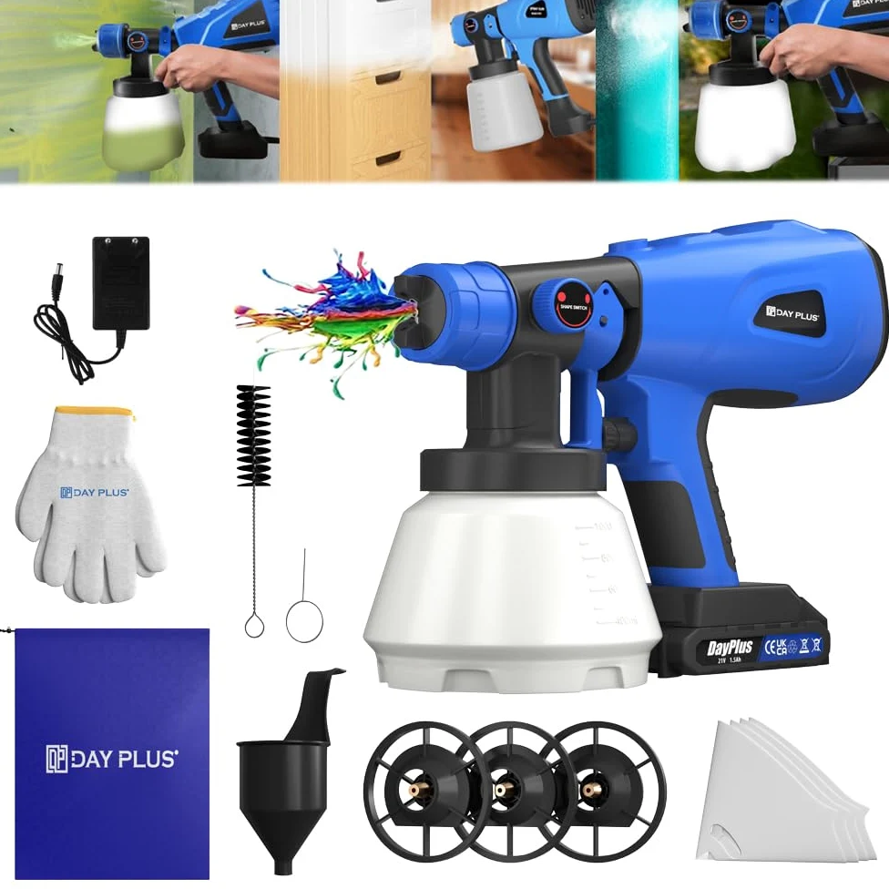 Elektryczny pistolet natryskowy do farby, 21 V, akumulatorowy system natryskowy z 3 wzorami i 4 dyszami, 1000 ml, pistolet lakierniczy HVLP elektryczny do ścian, sufitów, mebli, ogrodzeń ogrodowych