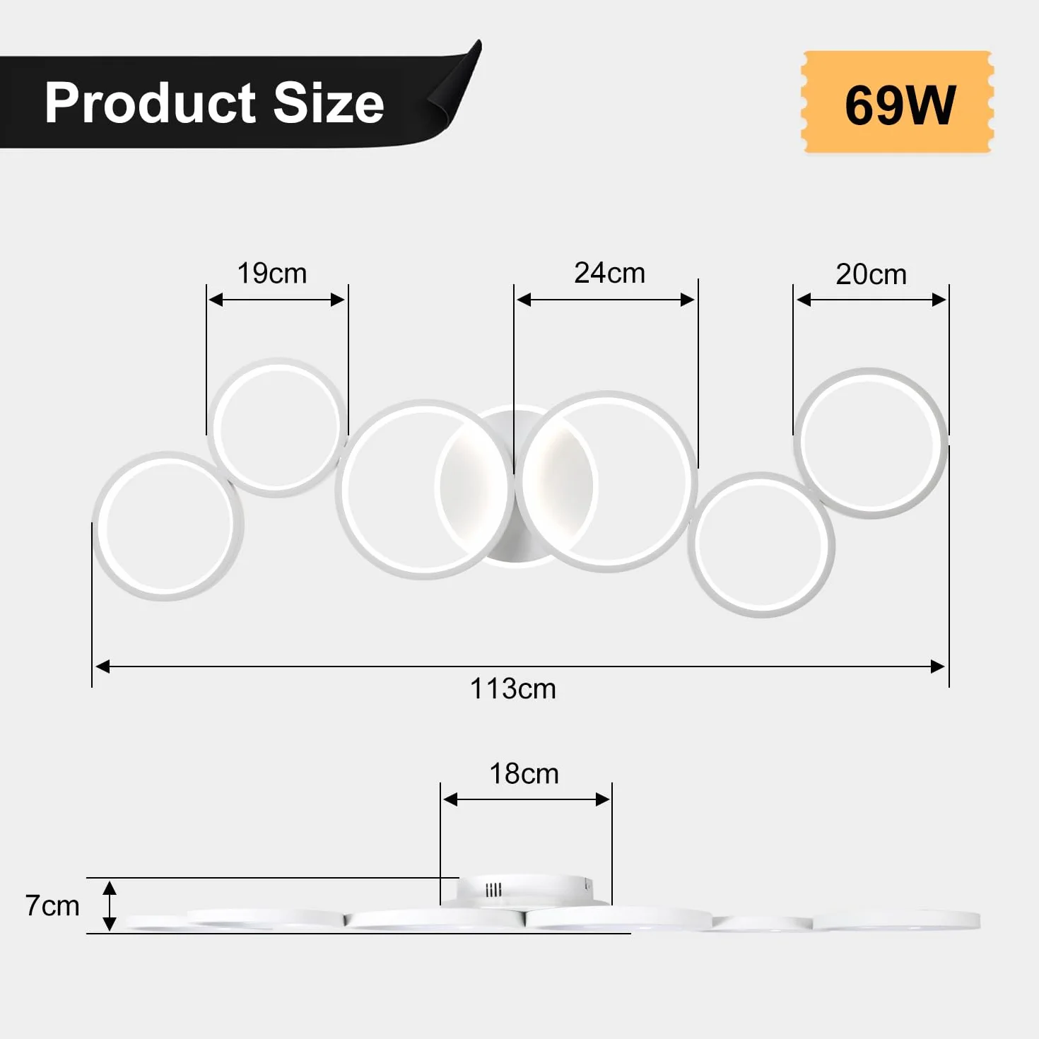 Lampa Sufitowa LED Ściemniana Lampa Sufitowa Biały Światło Salonowe Światło Sypialni Zdalne Sterowanie i Aplikacją, Nowoczesna Oświetlenie Sufitowe Okrągłe 6 Pierścień z Funkcją Pamięci, L113cm/69W