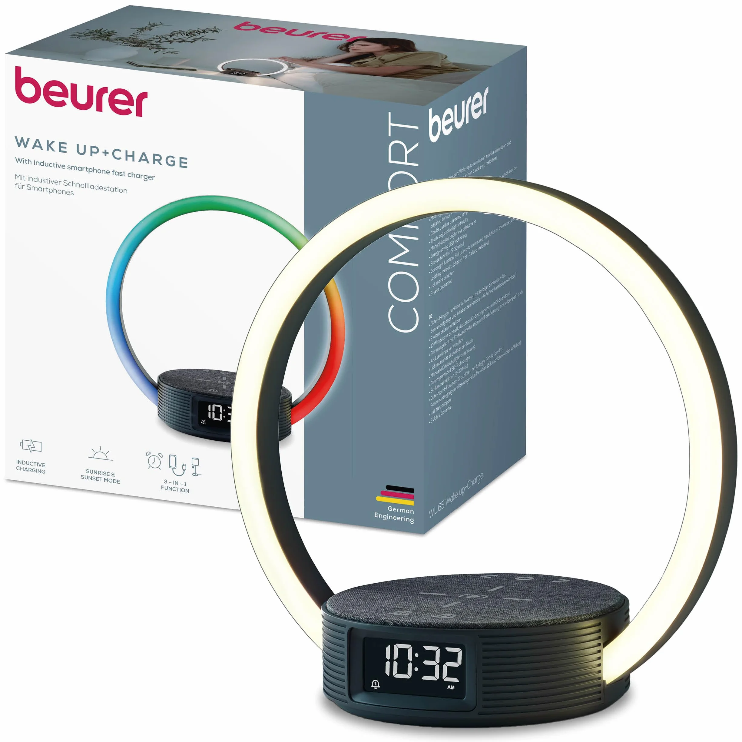 Beurer WL 65 Wake Up + Charge Budzik świetlny z funkcją ładowania smartfonów, symulacją wschodu słońca i ściemnianą lampką nocną