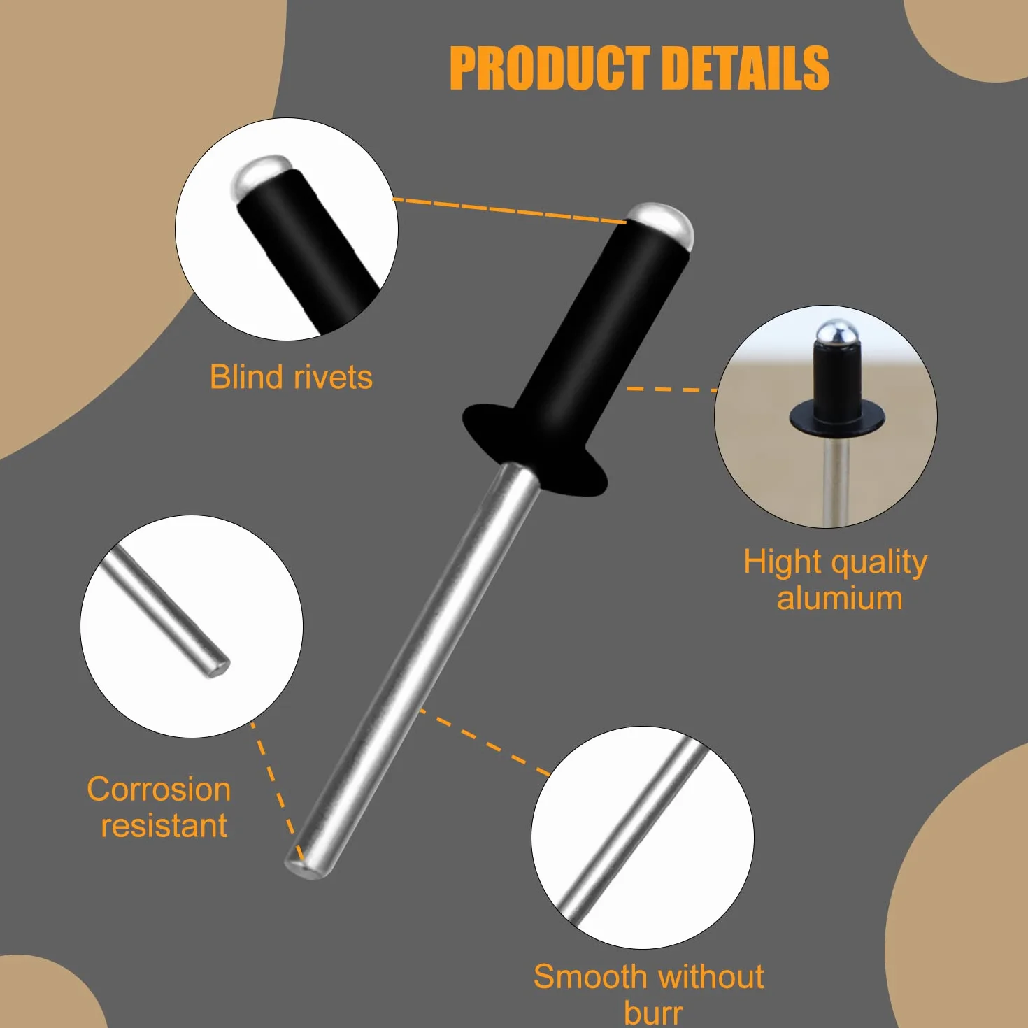 Nity zrywalne, aluminiowe nity pop, zestaw 4 mm x 6 mm, duże główki, czarne, nity, 100 sztuk, antracytowe, do nitów nitowniczych Rivet Tool (4 mm x 6 mm)