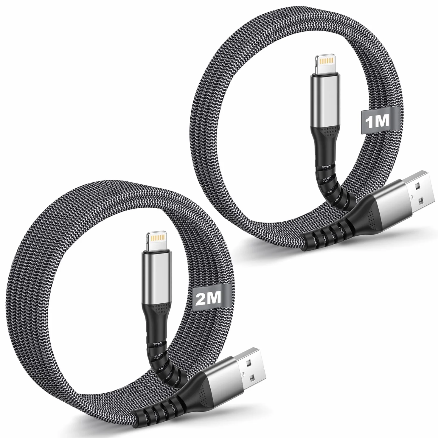 BLITEZZ Kabel do ładowania iPhone'a 1 m + 2 m, 2 sztuki, certyfikowany przez MFi kabel USB do Lightning, szybkie ładowanie, nylonowy kabel do ładowania iPada, przewód do iPhone'a 14/13/12/11 Pro Max