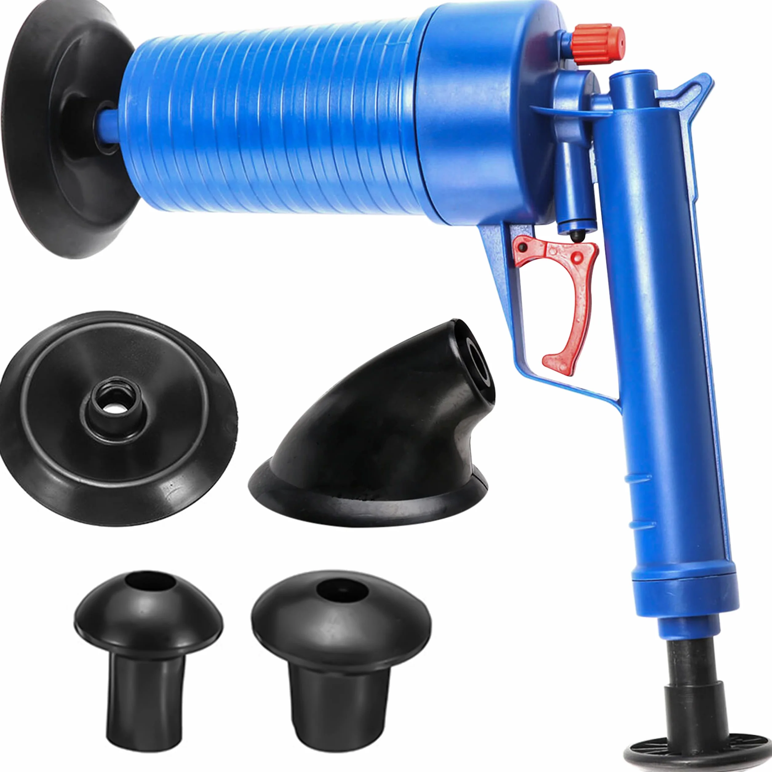 Retoo Pistolet do czyszczenia rur, preparat z 4 gumowymi adapterami, sprężone powietrze, urządzenie do usuwania zatorów rur do toalety, prysznica, umywalki, toalety, kuchni, niebieski