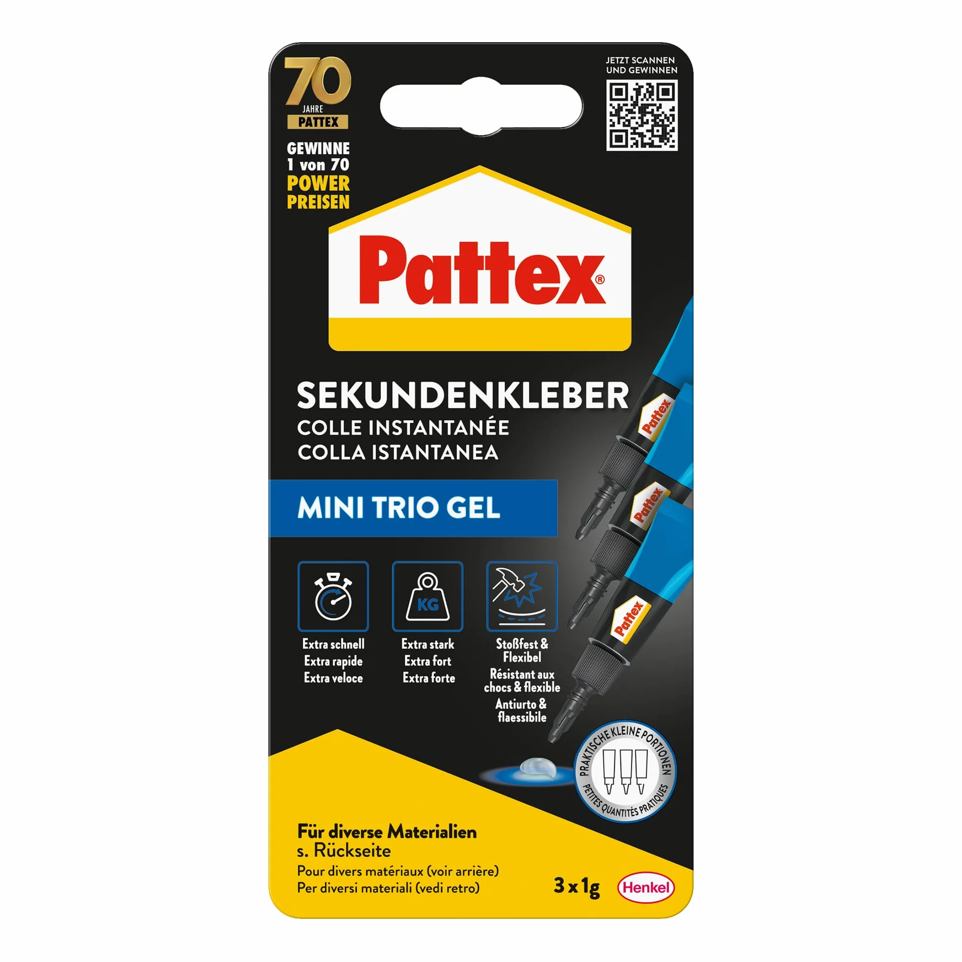 Pattex Klej błyskawiczny Ultra Gel Mini Trio, bardzo mocny i elastyczny superklej w 3 tubkach, klej błyskawiczny w żelu np. do gumy, skóry, drewna, tubka 3 x 1 g, 9H PSMG3