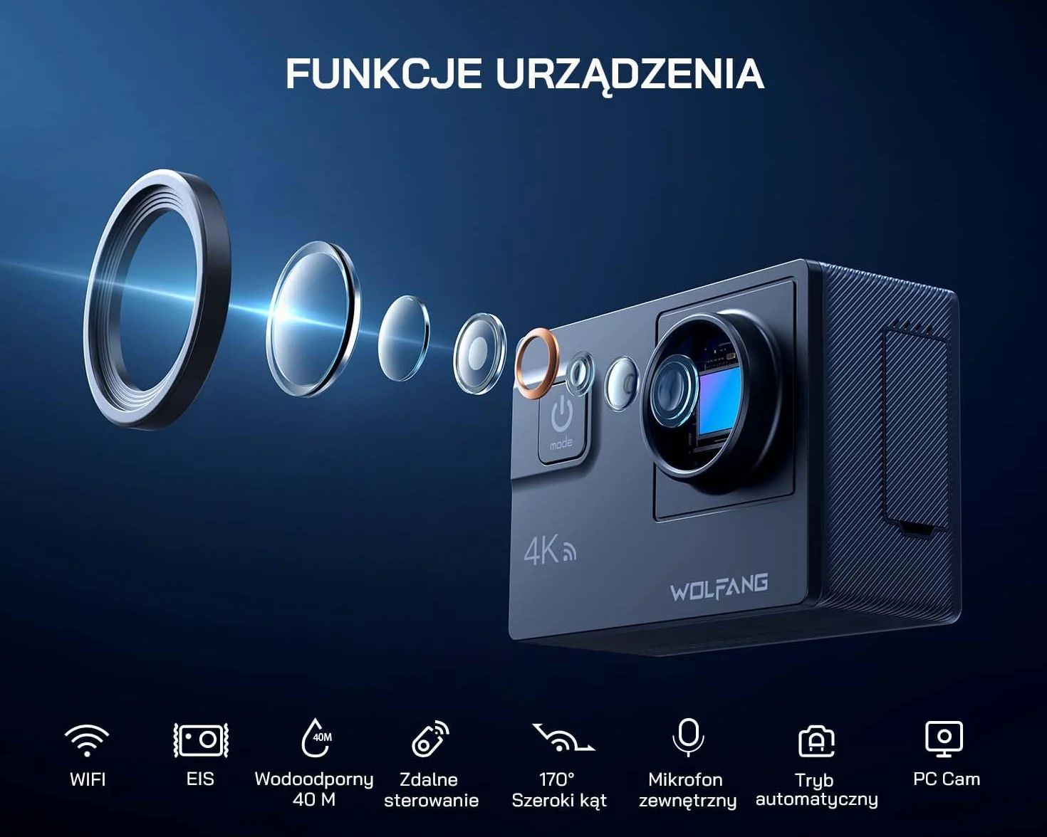 Kamera akcji WOLFANG 4K 60FPS, kamera podwodna GA300 20MP WiFi, wodoodporna kamera na kask 40M z ekranem dotykowym Zoom 8X 6-AXIS EIS (mikrofon zewnętrzny, pilot baterie 2x1350mAh i zestaw akcesoriów)