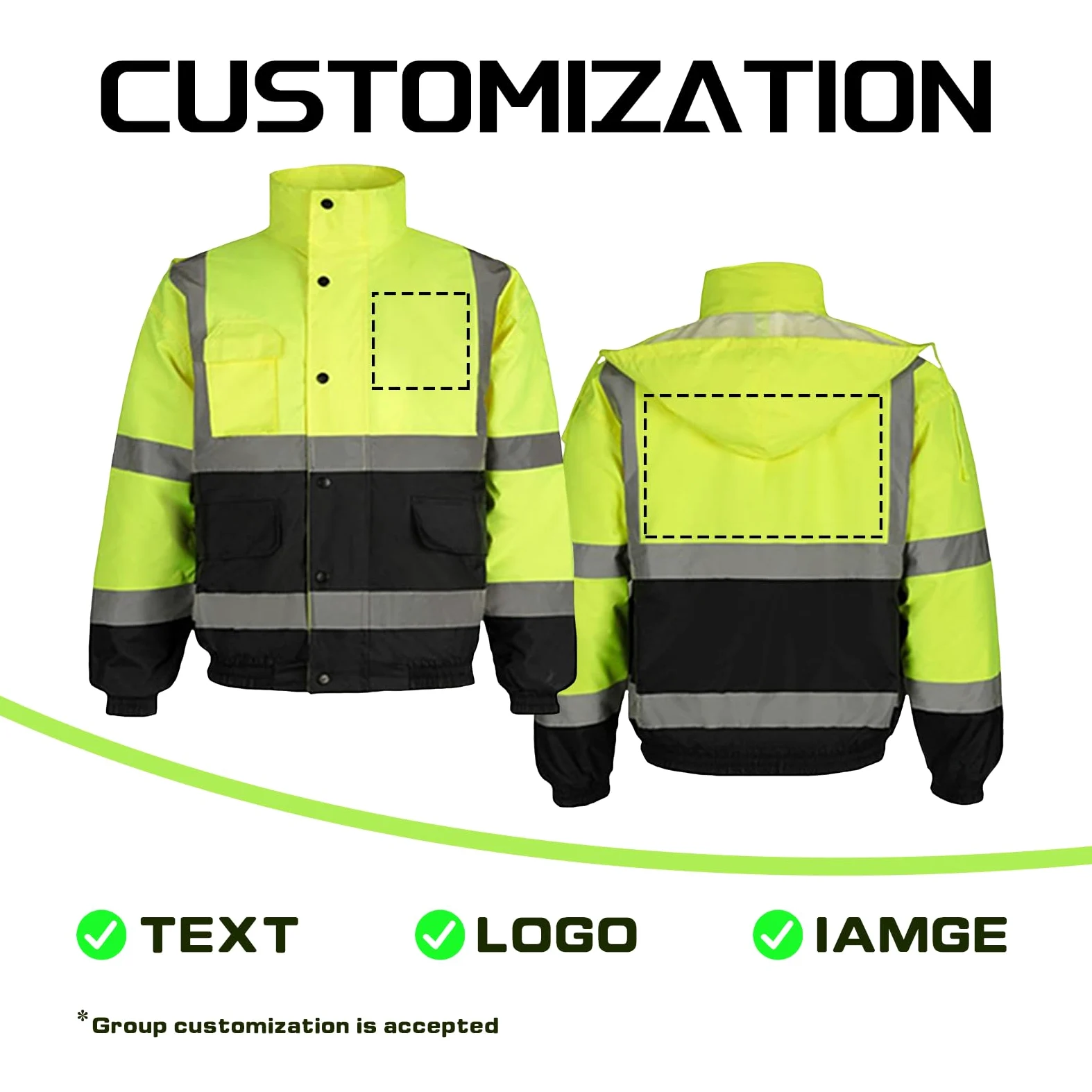 Spersonalizowana kurtka bomberka bezpieczeństwa Hi Vis, niestandardowy tekst logo, płaszcz z kapturem, wodoodporna odblaskowa odzież robocza dla pracowników bezpieczeństwa budowlanego