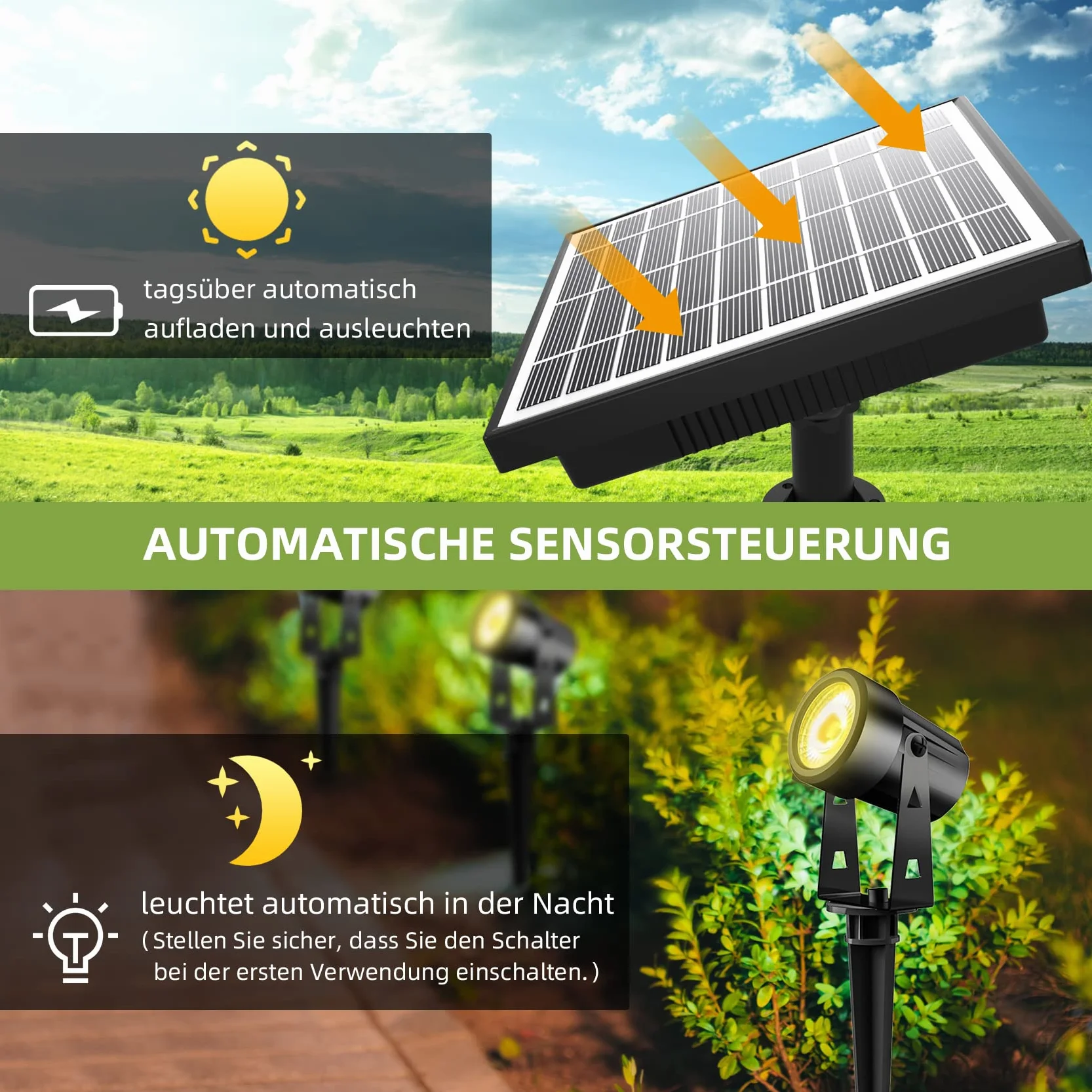 Zewnętrzna lampa solarna, 6 w 1, wodoodporna lampa solarna IP65, solarny reflektor LED, 4 jasności, ciepła biel 3000 K, do ogrodu, na patio, drzewa