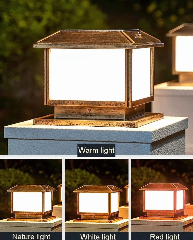 Nowoczesne lampy solarne na słupki, odporne na deszcz, oświetlenie na słupki ogrodzeniowe z akrylowym kloszem, do ogrodu i na patio(Brass,X-Large)