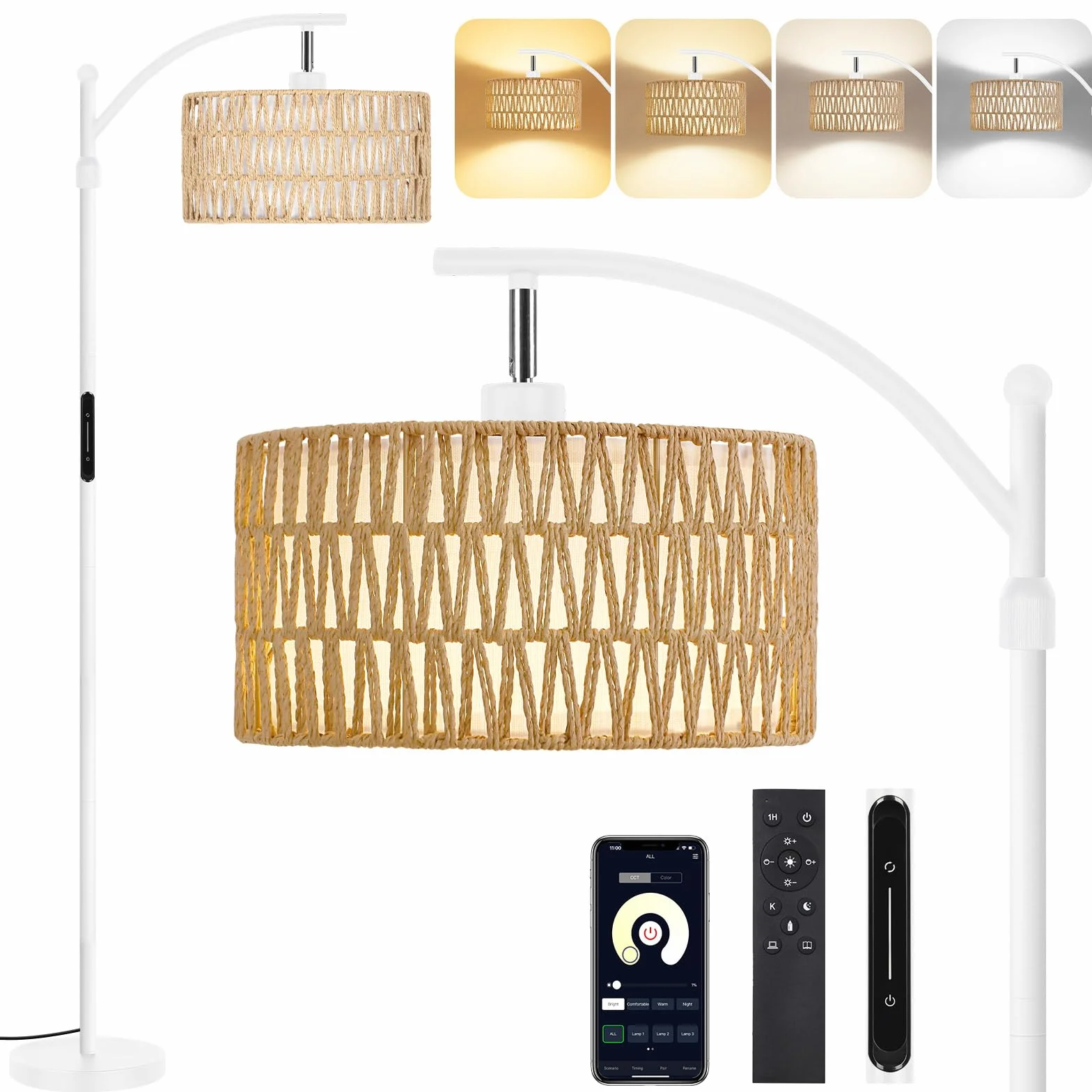 OUTON Lampa Stojąca z Rattanu do Salonu, Lampa Łukowa Boho | Aplikacja, pilot i sterowanie dotykowe, 4 temperatury barwowe, 2 klosze, LED 12 W, biała