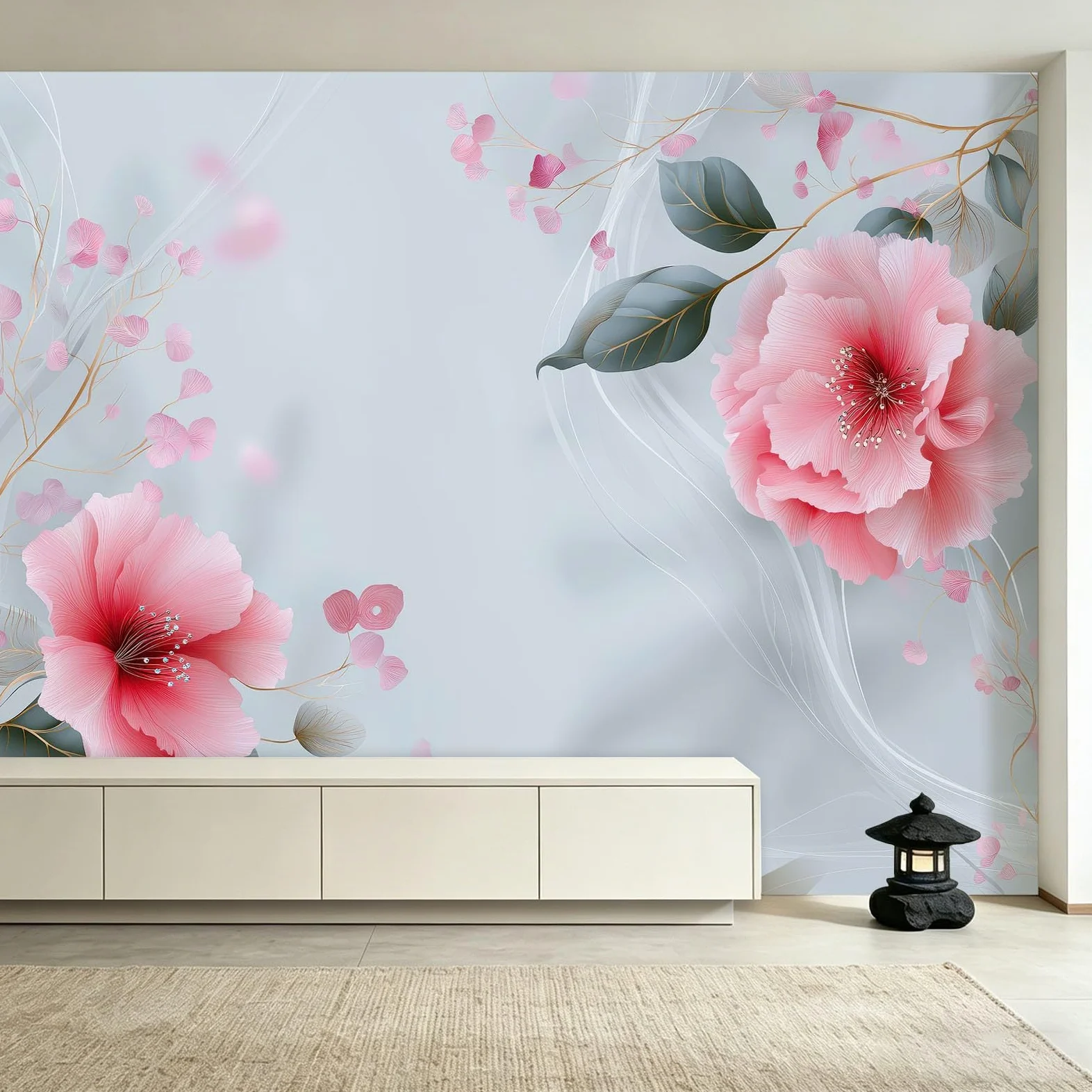 Générique Tapeta ścienna do salonu - kwiatowe płatki piwonii - 300x210cm Panoramiczna tapeta z włókniny, botaniczne linie falowane dekoracje ścienne 3D gobelin fotograficzny