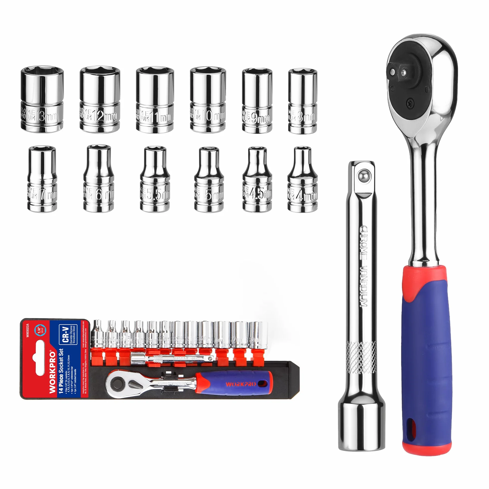 Workpro Zestaw kluczy grzechotkowych 1/4" z 72 zębami i nasadkami Cr-V, 14 sztuk