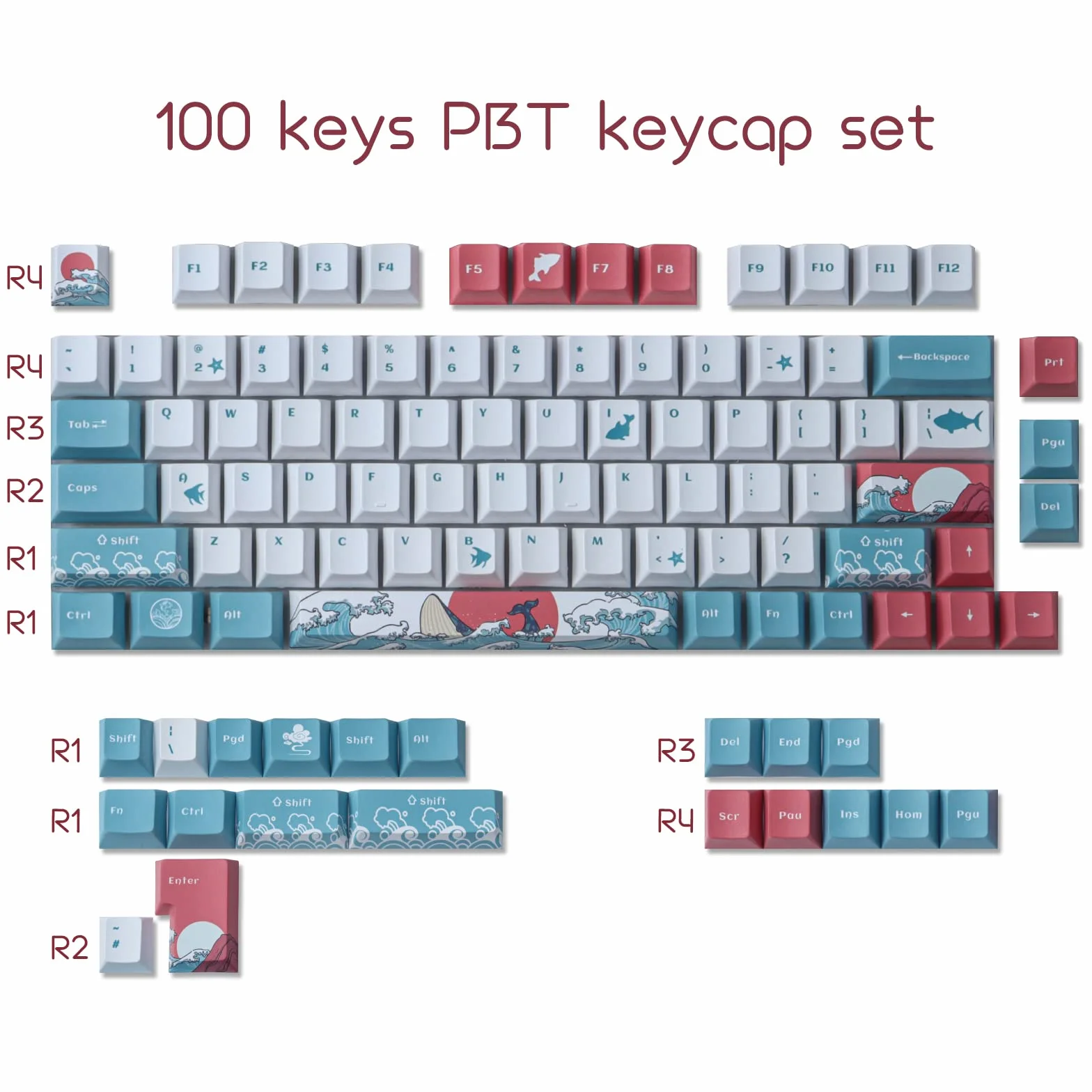Nasadki klawiszy PBT, 100 klawiszy Cherry Profile Dye Sublimation, Coral Sea Keycaps do układu ISO/ANSI 61/64/68/87 Gateron MX przełączniki klawiatura mechaniczna