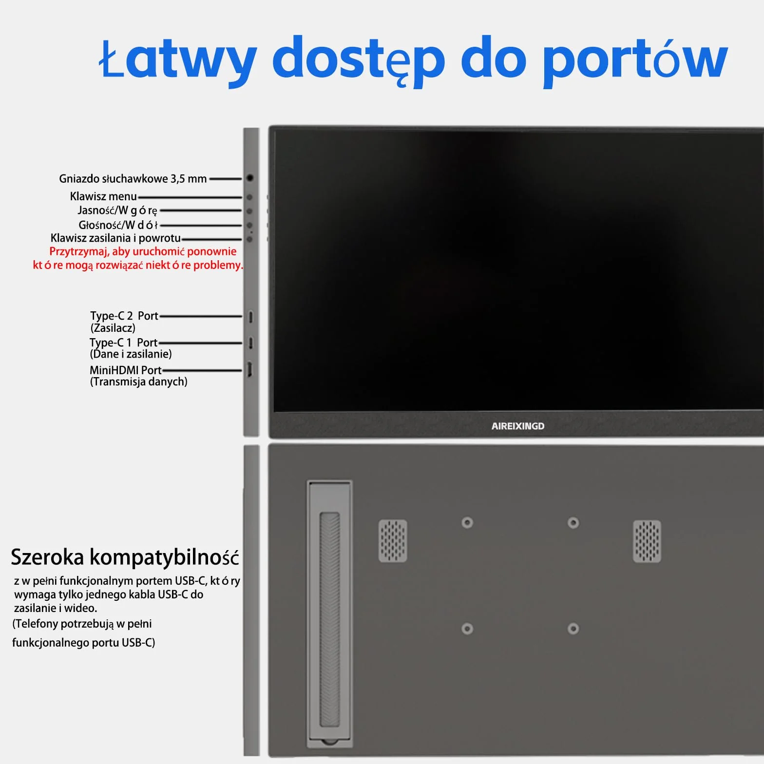 Przenośny Monitor 15.6" 144Hz 1ms 1920x1080 FHD IPS HDR Gamingowy USB C HDMI VESA