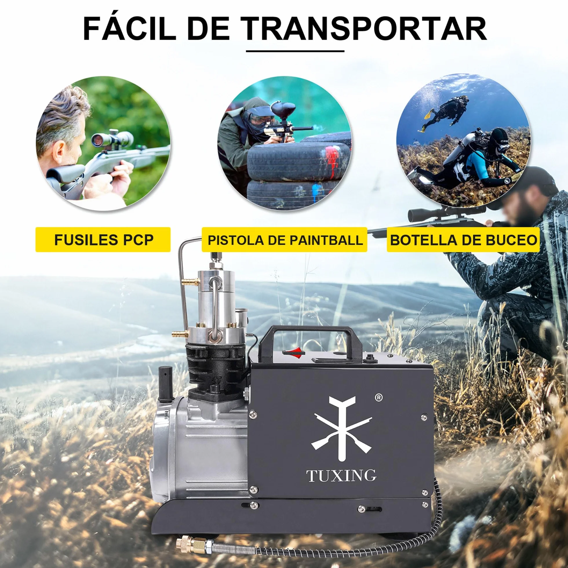 Sprężarka TUXING 4500Psi, wysokociśnieniowa elektryczna sprężarka powietrza, stacja napełniania PCP paintball do gaszenia pożarów i nurkowania, testowanie ciśnienia i szczelności (30Mpa) 220V