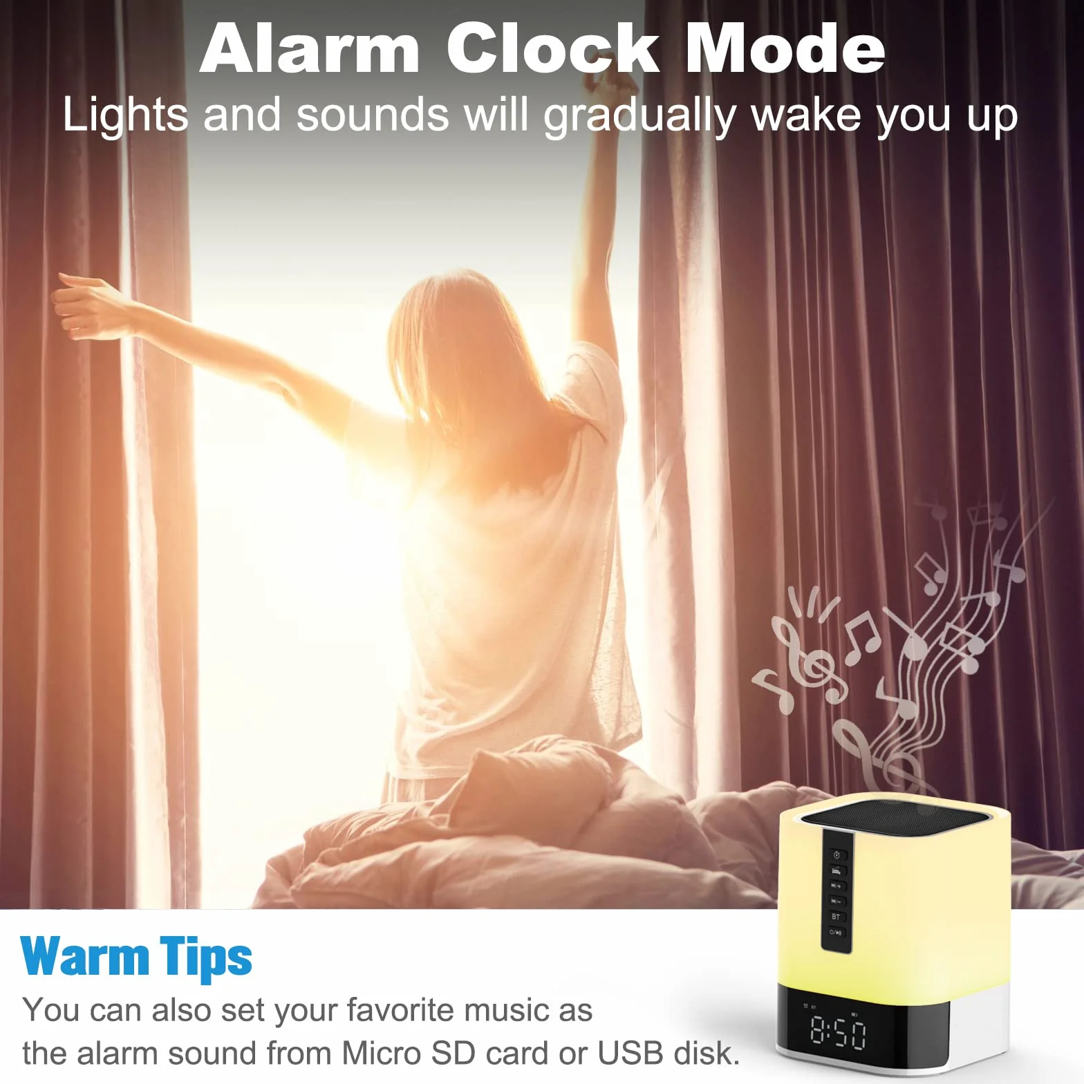 Lampka nocna z budzikiem, głośnik Bluetooth, lampka nocna dla dzieci, lampa dotykowa z dźwiękiem, ściemniana lampa zmieniająca kolor LED do sypialni, prezenty dla nastoletnich dziewcząt chłopców w