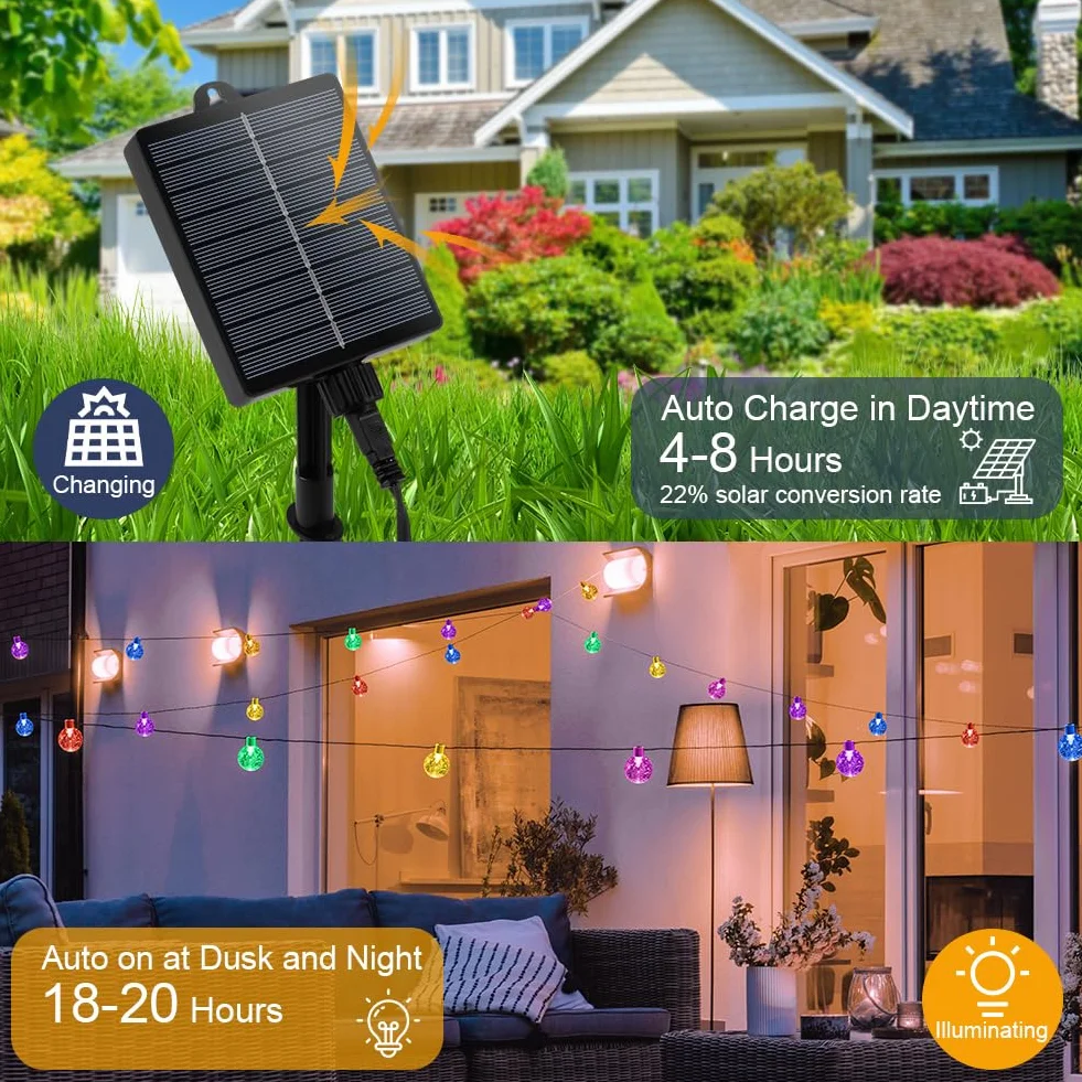 AUAUY Solarny łańcuch świetlny na zewnątrz, odporny na warunki atmosferyczne, 7 m, 50 diod LED, 8 trybów pracy, IP65, solarny łańcuch świetlny, kryształowe kule, oświetlenie zewnętrzne/wewnętrzne na