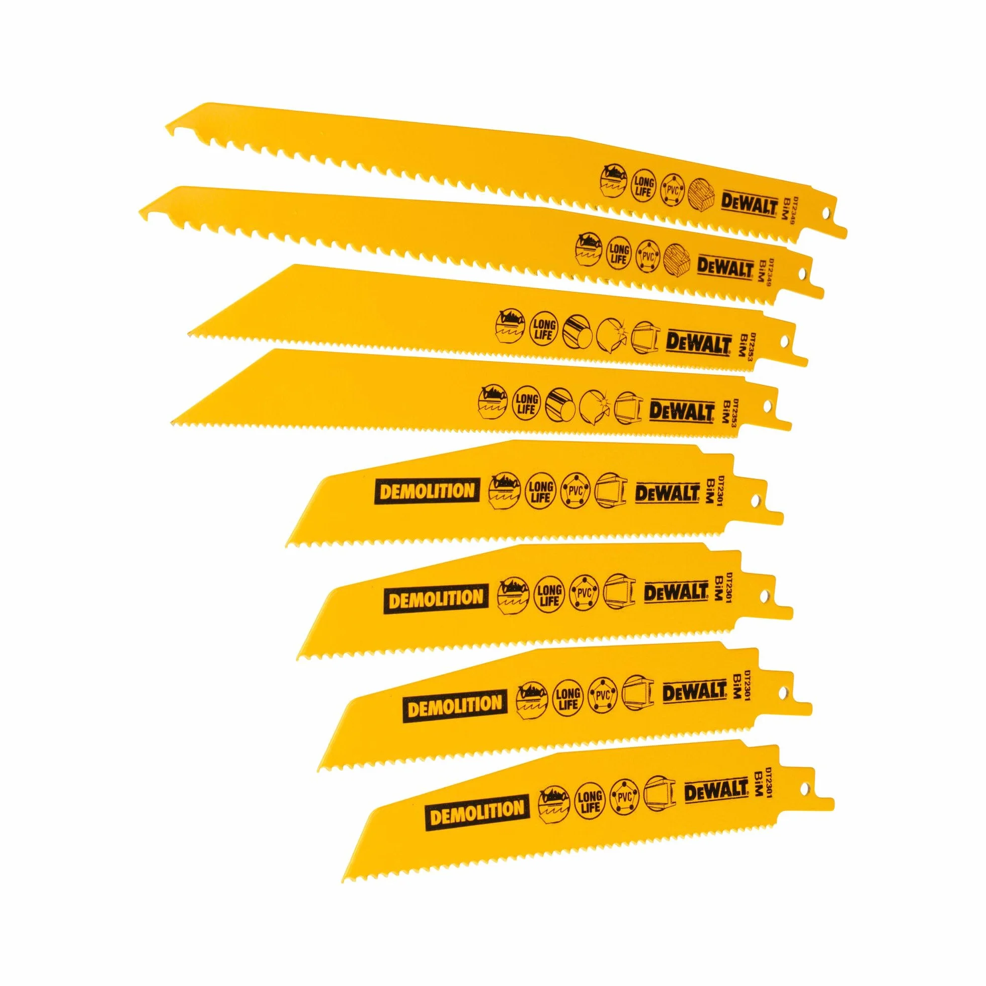 Dewalt 8-częściowy zestaw brzeszczotów do piły szablastej DT2442 (bimetal, uniwersalny trzpień 1/2", opatentowany kształt zębów, agresywna geometria zębów)