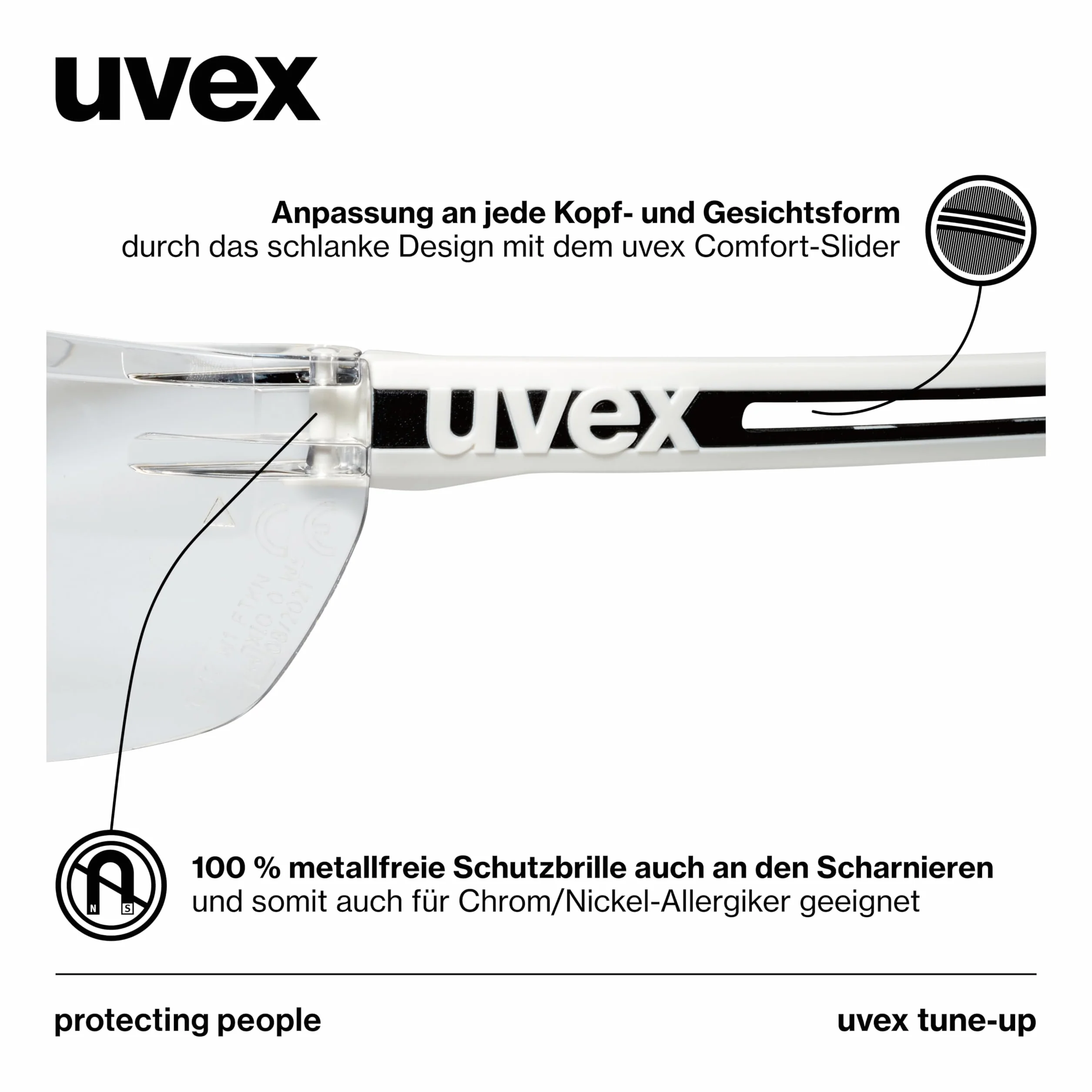 Uvex Tune-up okulary ochronne – okulary ochronne ze 100% ochroną przed promieniowaniem UV – bez metalu, odporne na zaparowanie i zarysowania – bardzo lekkie (23 g)