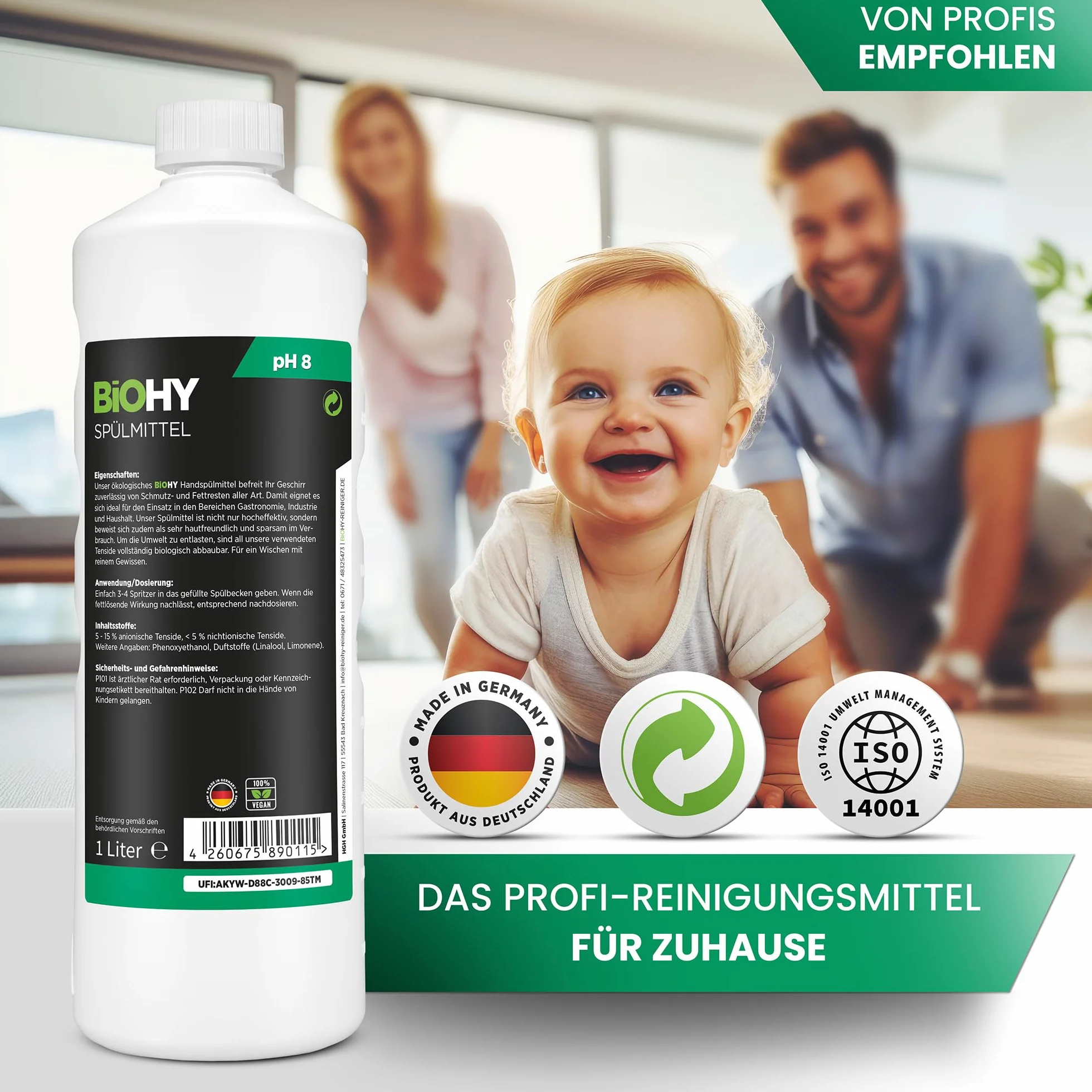 BiOHY Detergent do mycia naczyń (3 x butelka 1l) | Wolne od szkodliwych chemikaliów i biodegradowalne | Formuła nabłyszczająca i odtłuszczająca (Spülmittel)