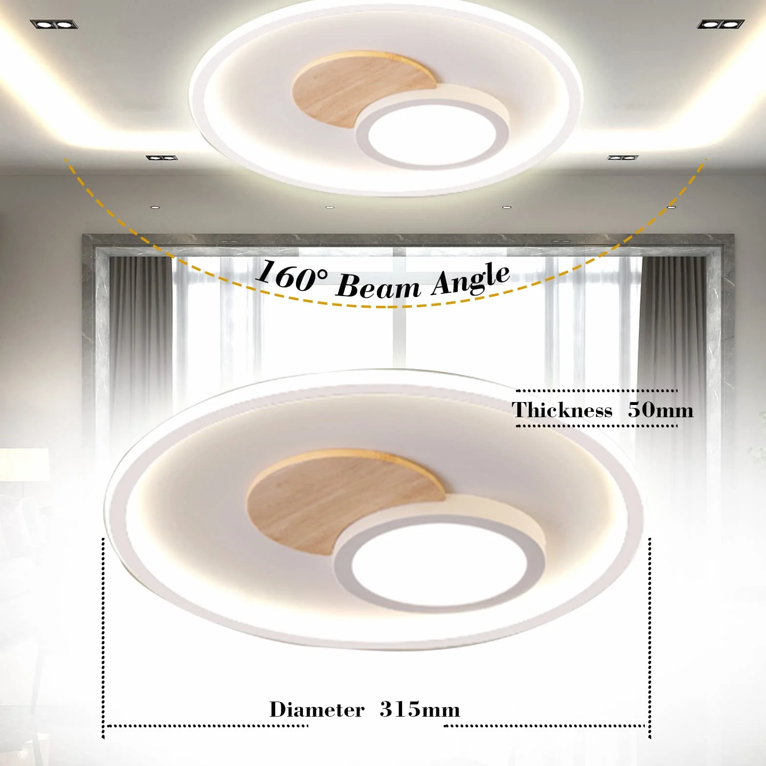 Lampa sufitowa LED, drewno, lampa sufitowa, ściemniana, z pilotem zdalnego sterowania, nowoczesna, okrągła, drewniana lampa sufitowa do sypialni, pokoju dziecięcego, salonu, kuchni (Ø 31,5 cm