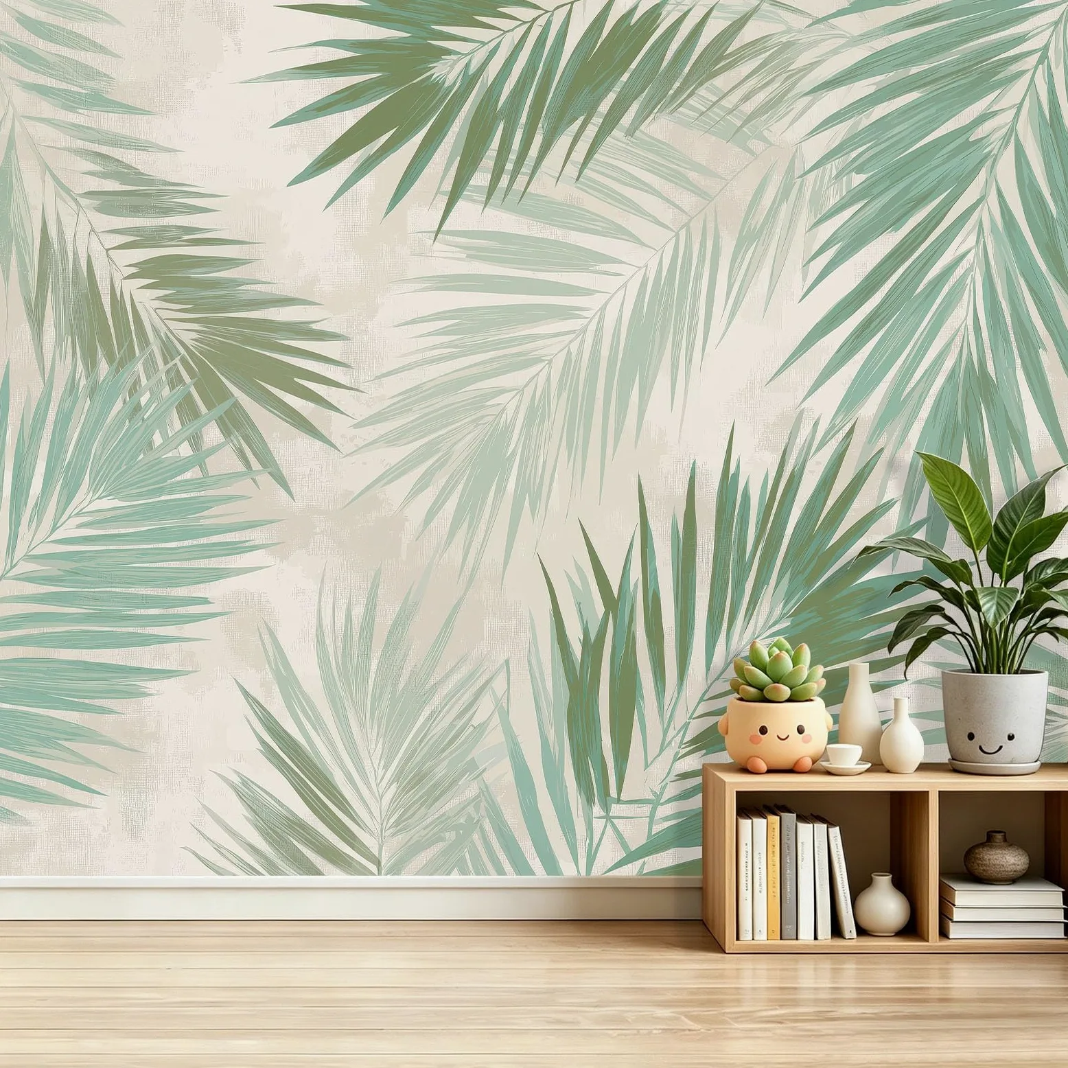 Fototapeta 250 x 175 cm ściany dekoracja salonu tropikalne liście palmowe liście palmowe efekt starzenia do sypialni salonu tapeta z włókniny, szałwia zielona