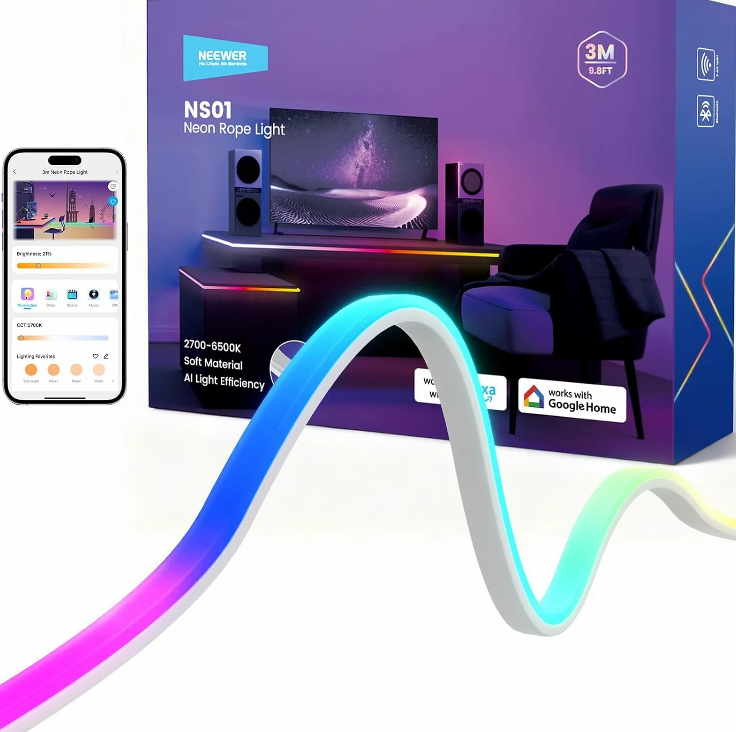 NEEWER Taśma LED 3 m z oświetleniem przednim, neonowe światła RGB do cięcia Smart AI, sterowanie aplikacją zmiana kolorów do sypialni pokoju zabaw do nauki domu klasy zewnętrznej ściany wystrój