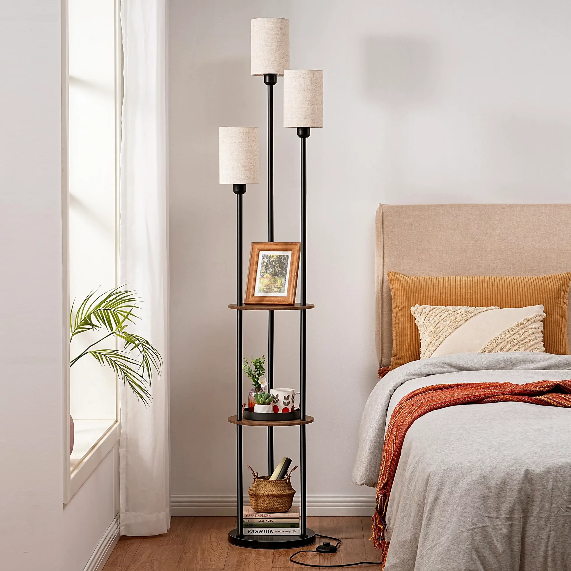 EDISHINE Lampa stojąca do salonu, lampa stojąca LED, 3 lampy, półka i abażur lniany, oprawa E27, w zestawie żarówka, nowoczesna lampa stojąca do sypialni i gabinetu, 178 cm