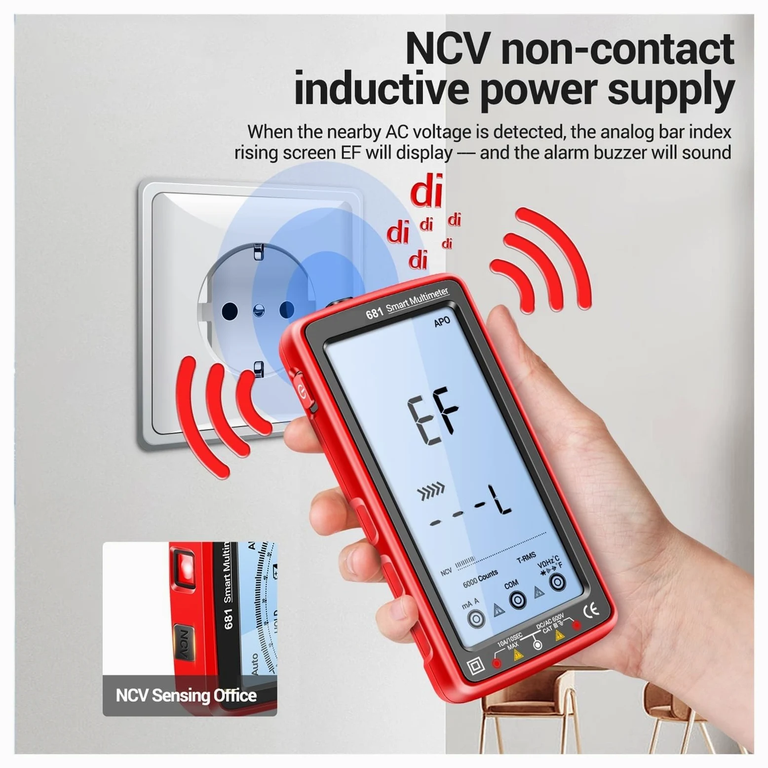 Multimetr Cyfrowy 6000 Zliczeń Smart Anti-burn Recharg Uniwersalny Miernik Tester NCV 5-calowa Podświetlana Latarka LCD(683 Red)