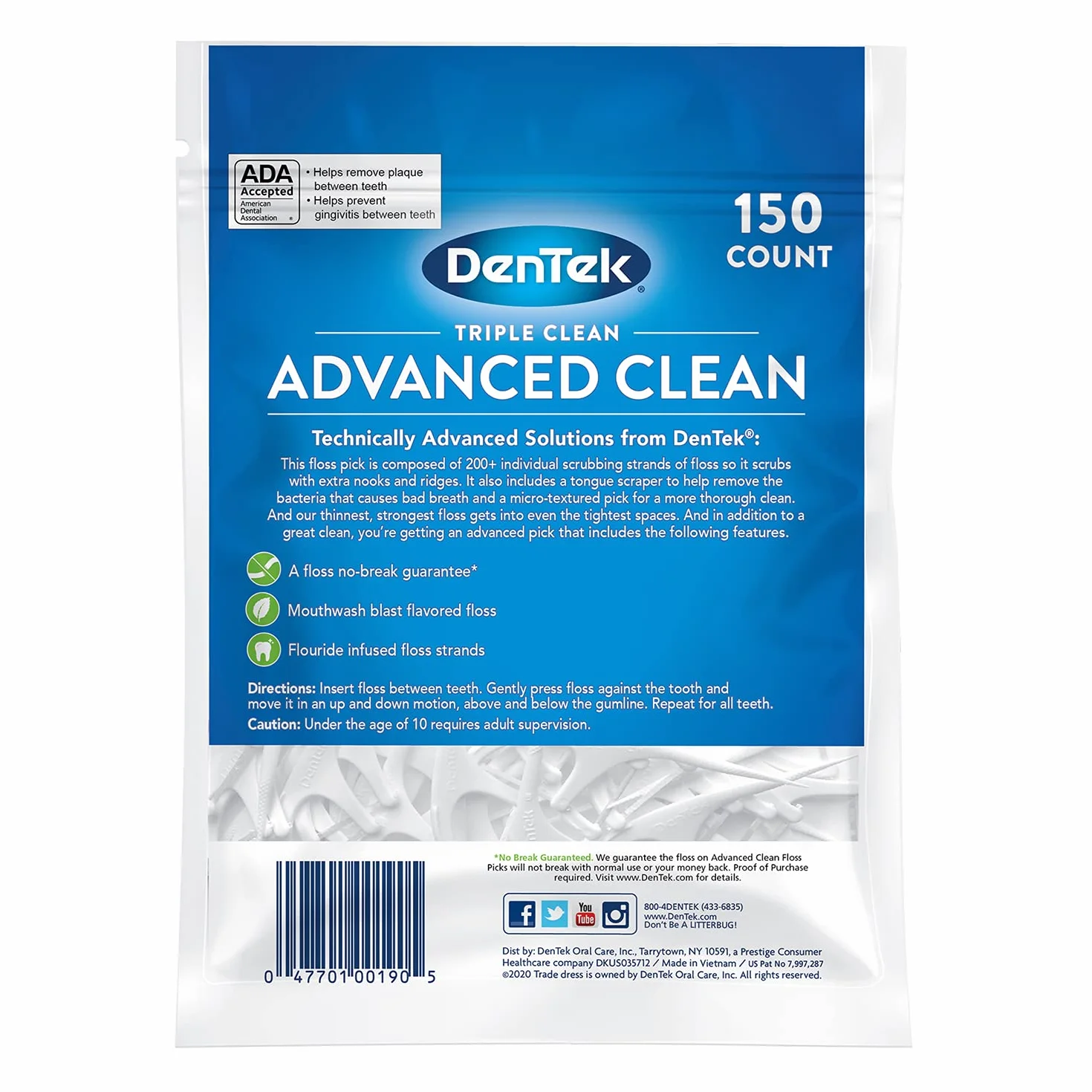 DenTek Triple Clean Mint Flavored i powlekane fluorkami zaawansowane kostki do nici dentystycznej z 3 czynnościami czyszczenia, opakowanie 150 szt