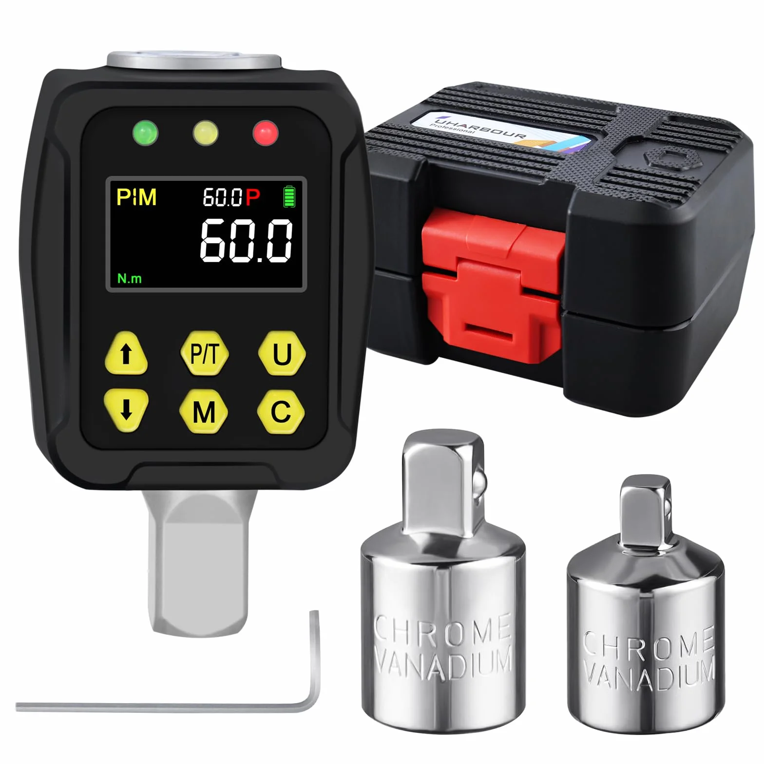 Uharbour Cyfrowy adapter momentu obrotowego 1/2 cala 3-60 Nm, klucz dynamometryczny cyfrowy z wyświetlaczem LCD, trybem PEAK/TRACK, brzęczykiem i wyświetlaczem LED, dokładność błędu ±2%, do samochodu,
