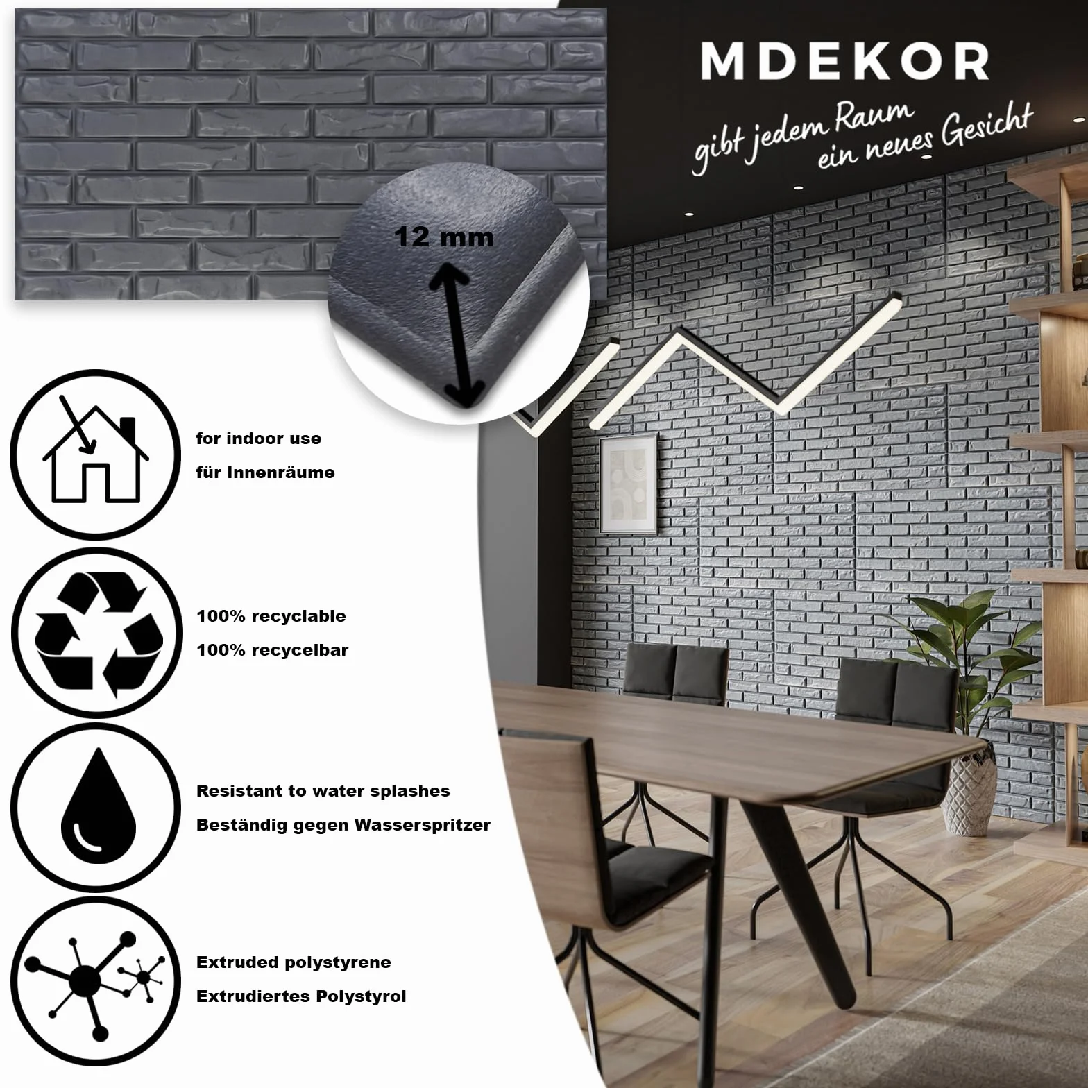 MDEKOR Panele ścienne z cegły 50 x 100 cm | okładzina ścienna XPS 3D o wyglądzie cegły | 2 sztuki = 1 m² cegły antracytowej | panele o grubości 12 mm | płyty dekoracyjne z porystyrenu do wnętrz