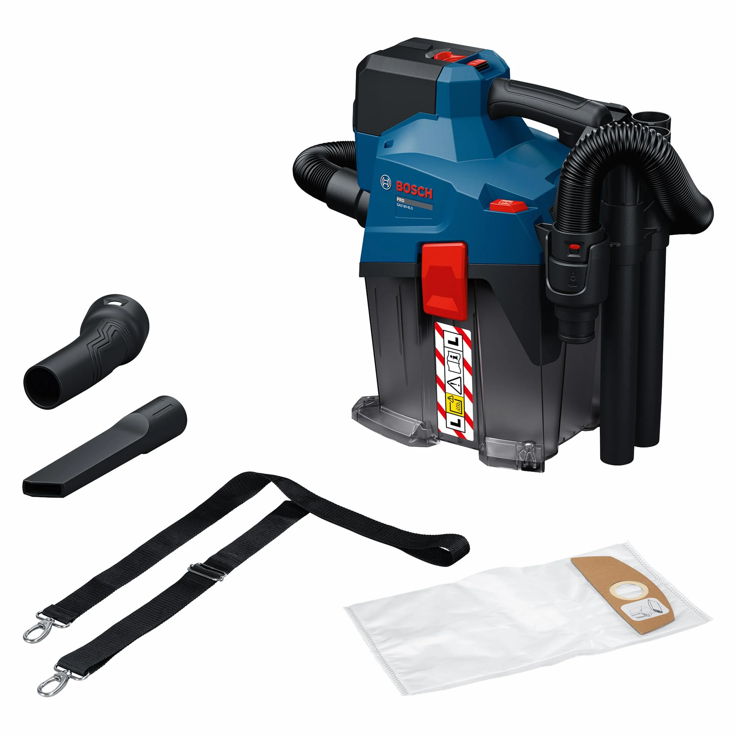 Bosch PRO 18V System Odkurzacz akumulatorowy GAS18V-6LS (elastyczny wąż, kolanko, dysza do fug, dysza do podłóg, adapter do elektronarzędzi, rury, worek włókninowy)