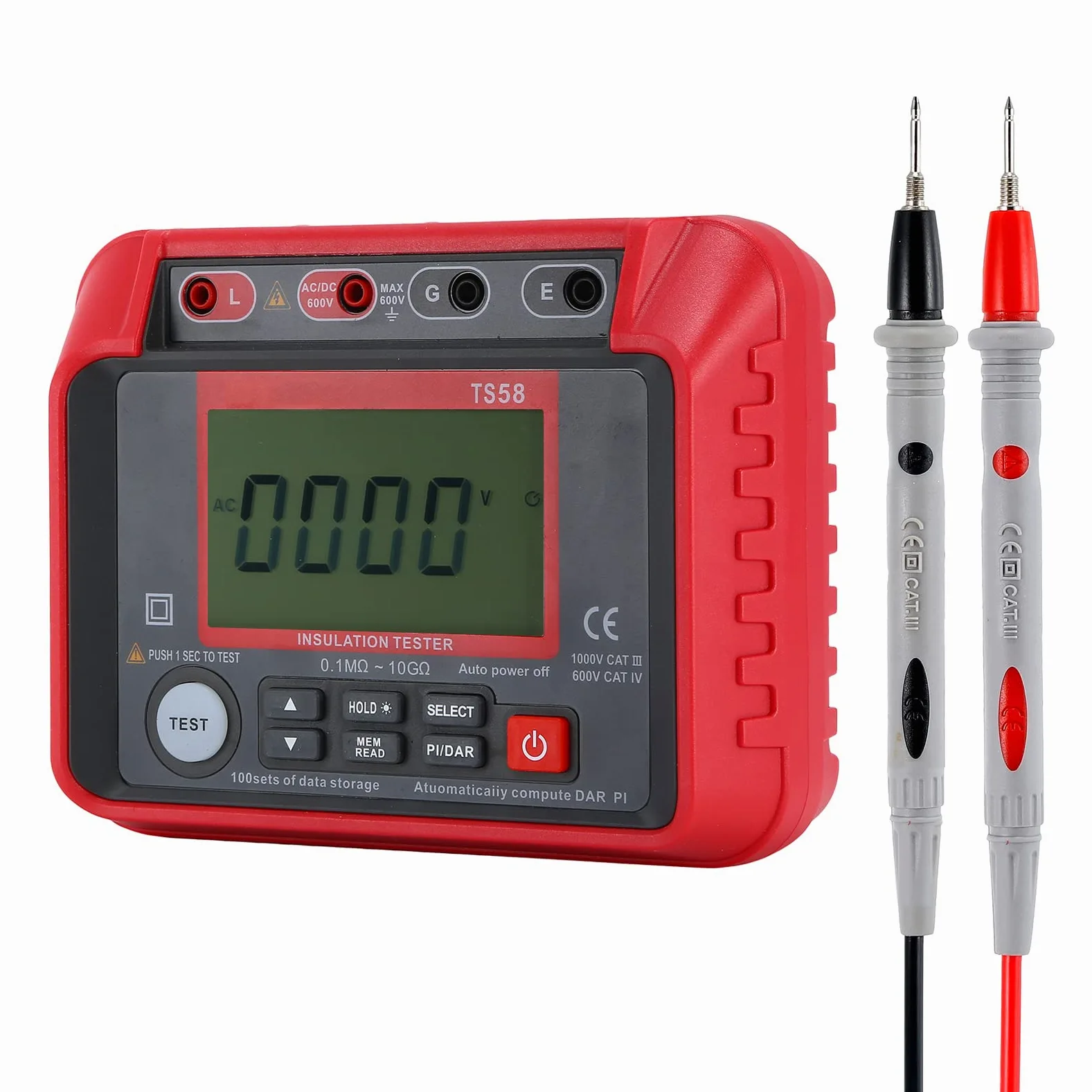 Domary Tester Rezystancji Izolacji Megaomomierz 0,1 MΩ-10 GΩ z Podświetlanym Wyświetlaczem LCD 2000 zliczeń Napięcie Prądu Stałego AC 10–600 V Indeks DAR PI do Konserwacji Sprzętu